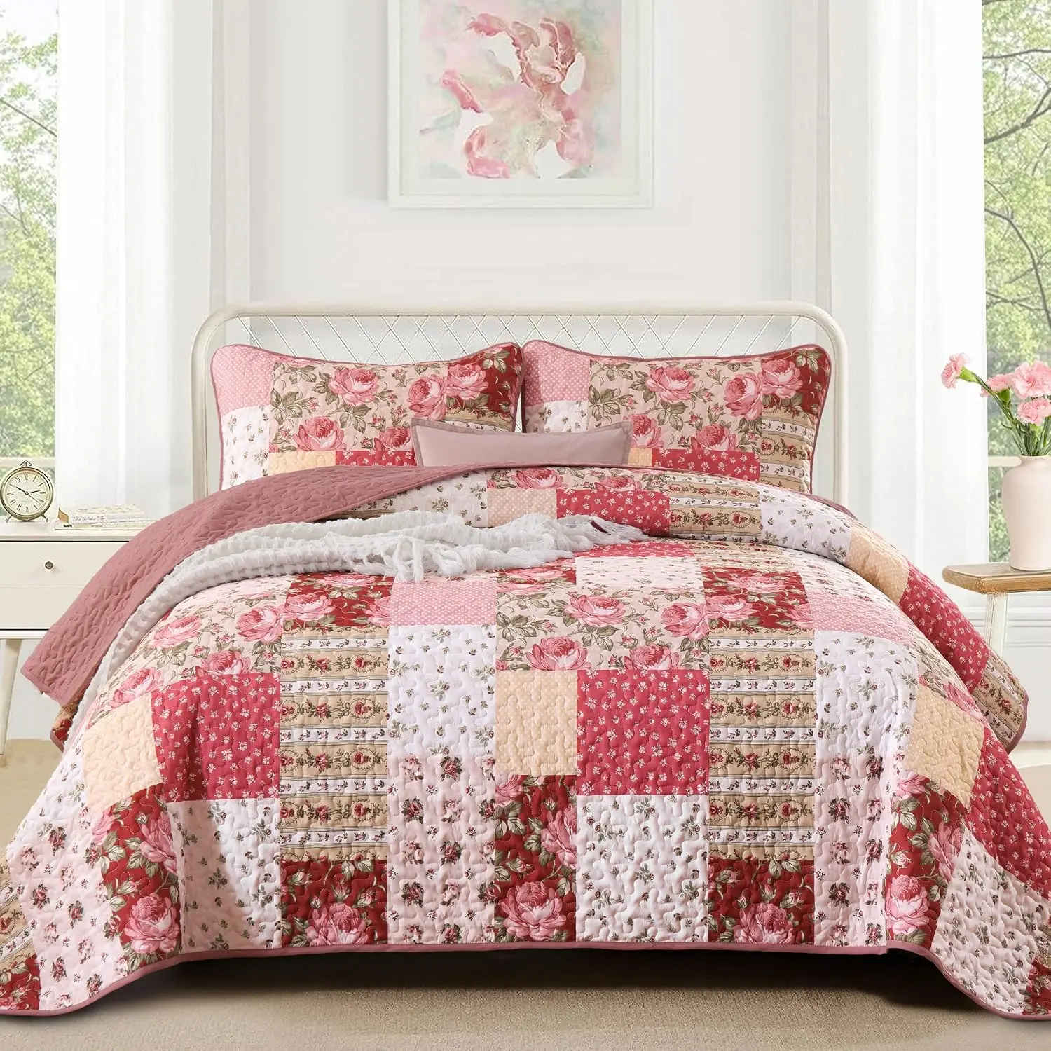 3 count Patchwork Quilts  Size, Bohemian Red Flower  Bedspreads with Double Pillowcases for