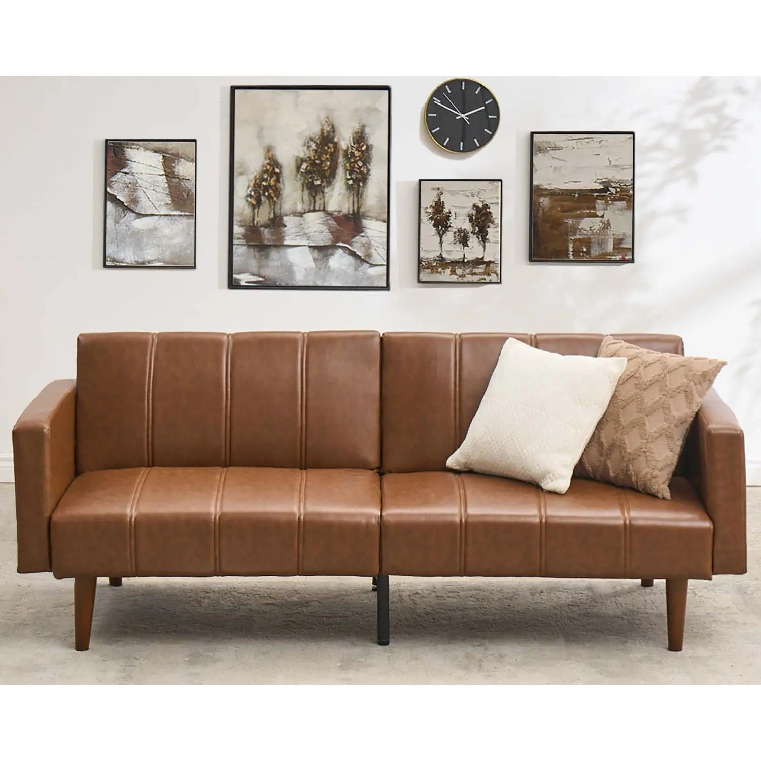 Mid-Century Modern Futon Sofa Bed, 75" Convertible PU Leather Sleeper Couch - Adjustable Backrest, Side Pockets - Loveseat Design for Living Room or Bedroom - Brown