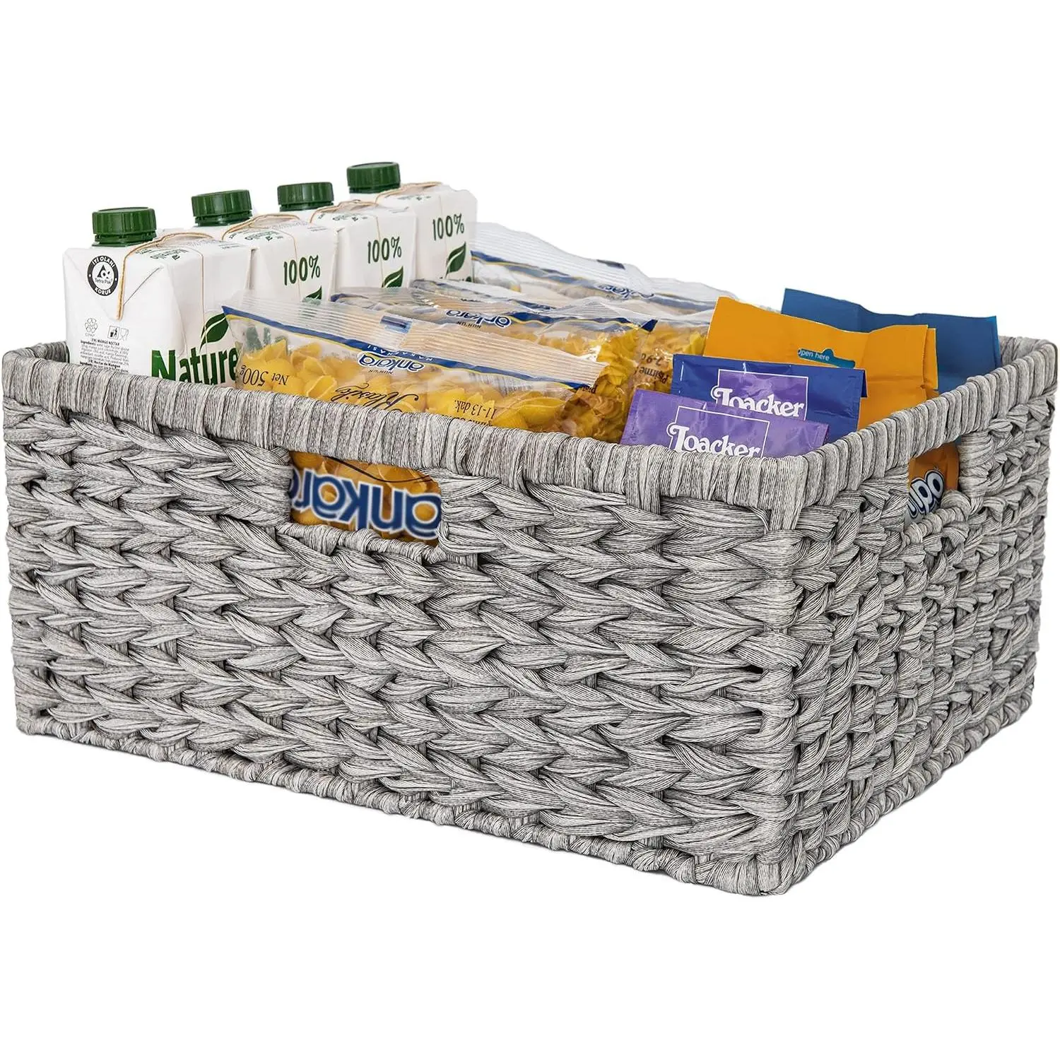 Large Wicker Storage Basket with Handles - Waterproof Grey Basket for Shelves, Durable 1-Pack