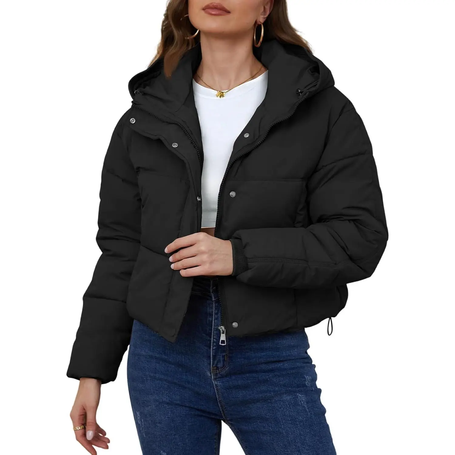 Arssm Women's Cropped Puffer Jacket Hooded Zip Up Quilted Short Padded Coat Lightweight Winter Warm Outwear
