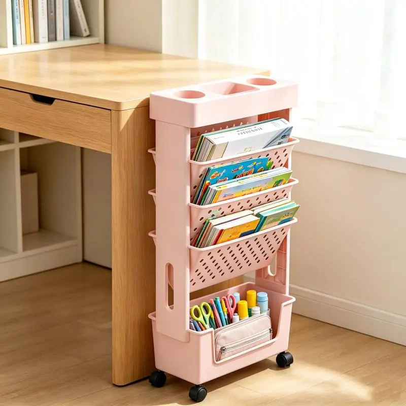 Mobile Rolling Book Cart with Wheels, Multi-Layer Plastic Storage Organizer Rack, Side Shelf with Pen Cup Holder for Textbooks Magazines Files, Home Study Office Classroom Living Room Storage