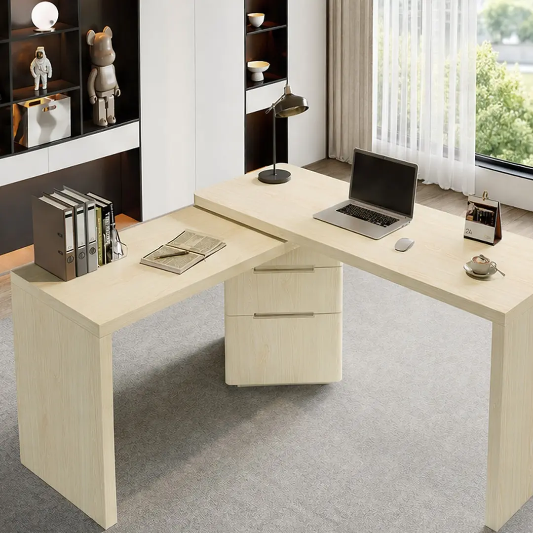 ARCH 90" L Shaped Desk with 3 Drawers, 360° Rotating Executive Office Desk, Natural Wood MDF Corner Desk, Modern Computer Workstation for Home Office Living Room Study, Spacious Writing Table, Natural Wood Color Options, MDF Material