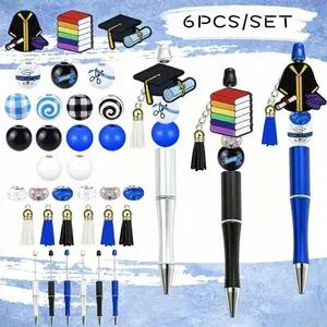 6PCS Graduation DIY Pen Beads Set, College Commencement Theme Charms Accessories, Acrylic Pearl Crystal Beads Kit for Pen Making, Creative Desk Stationery Decor