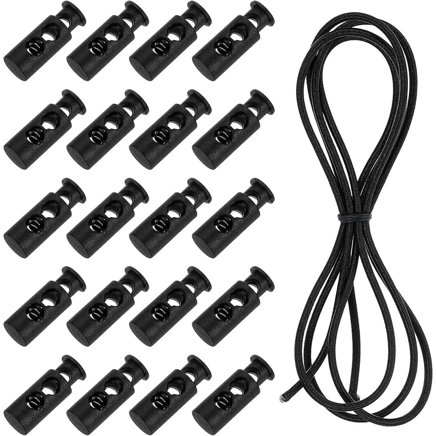 25 count Double Hole Cord Locks with 39" Elastic String,Black | Plastic Spring Toggle Stopper Clip with Stretch Shock Cord for Shoelaces Drawstrings Paracord