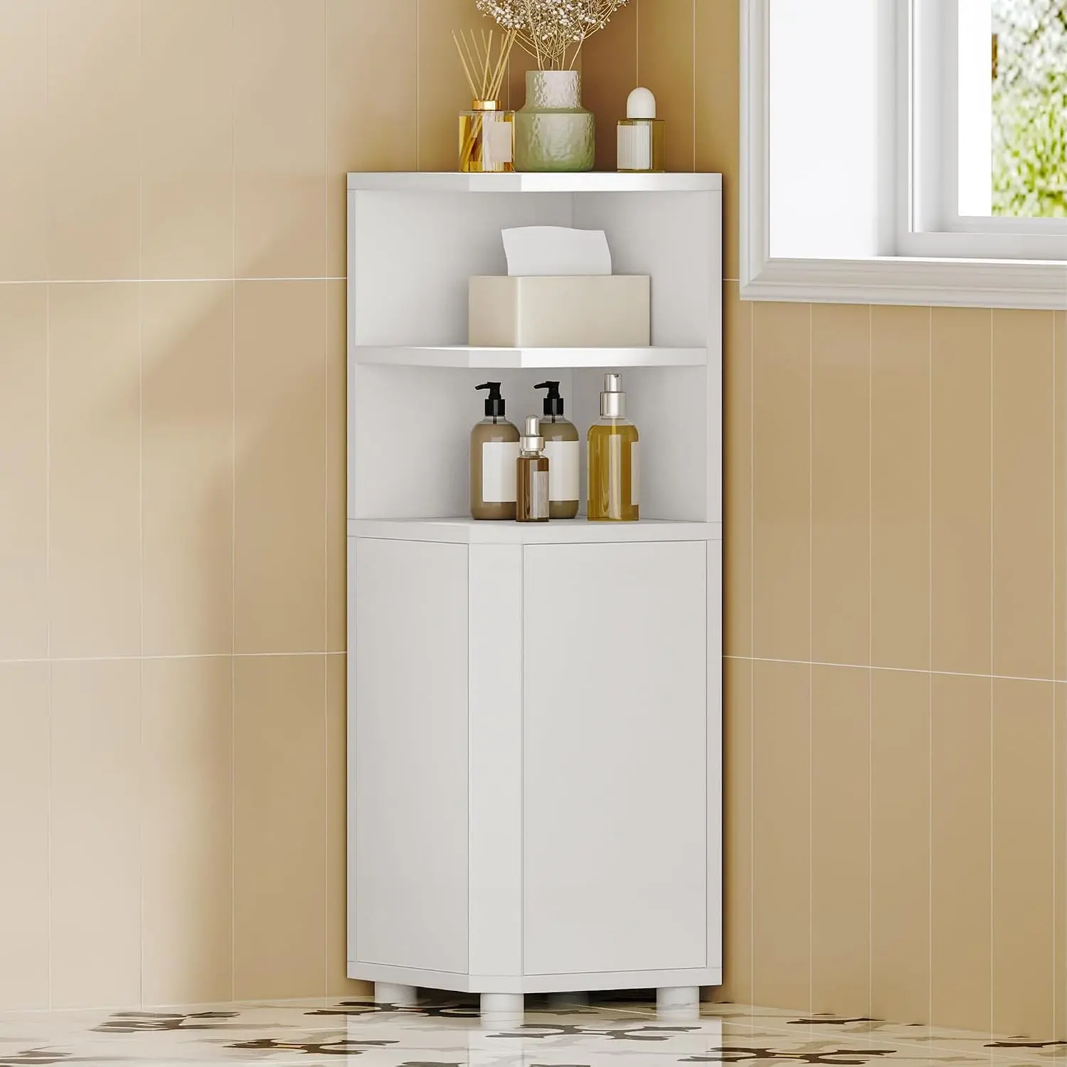 Corner Cabinet, Small Bathroom Corner Cabinet with Doors | Narrow Storage Cabinets with Adjustable Shelves, Bathroom Organizers and Storage for Small Space, White BC21003X