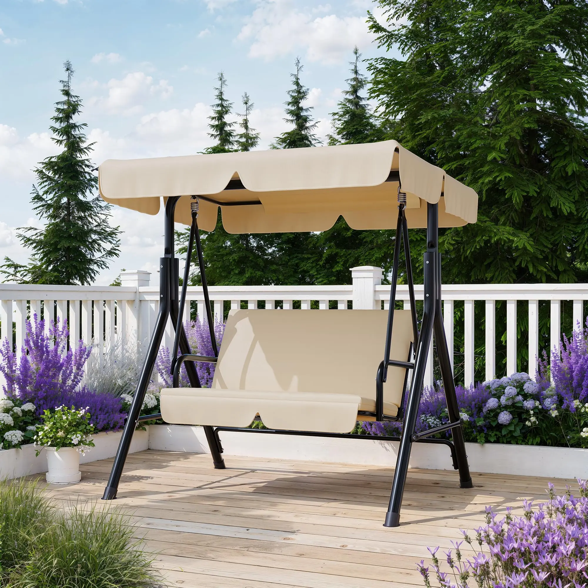 Heavy-Duty 3-Seat Patio Porch Swing with Stand, Sturdy Metal Frame & Adjustable Canopy, Comfort Outdoor Swing Bench for Garden, Backyard and Poolside