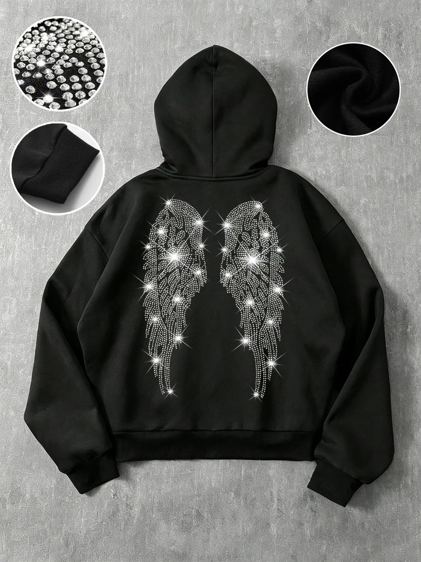 Men's Trendy Hooded Sweatshirt, Back Wings Rhinestone Design, Eye-Catching, Comfortable Casual Wear, Perfect for Daily
