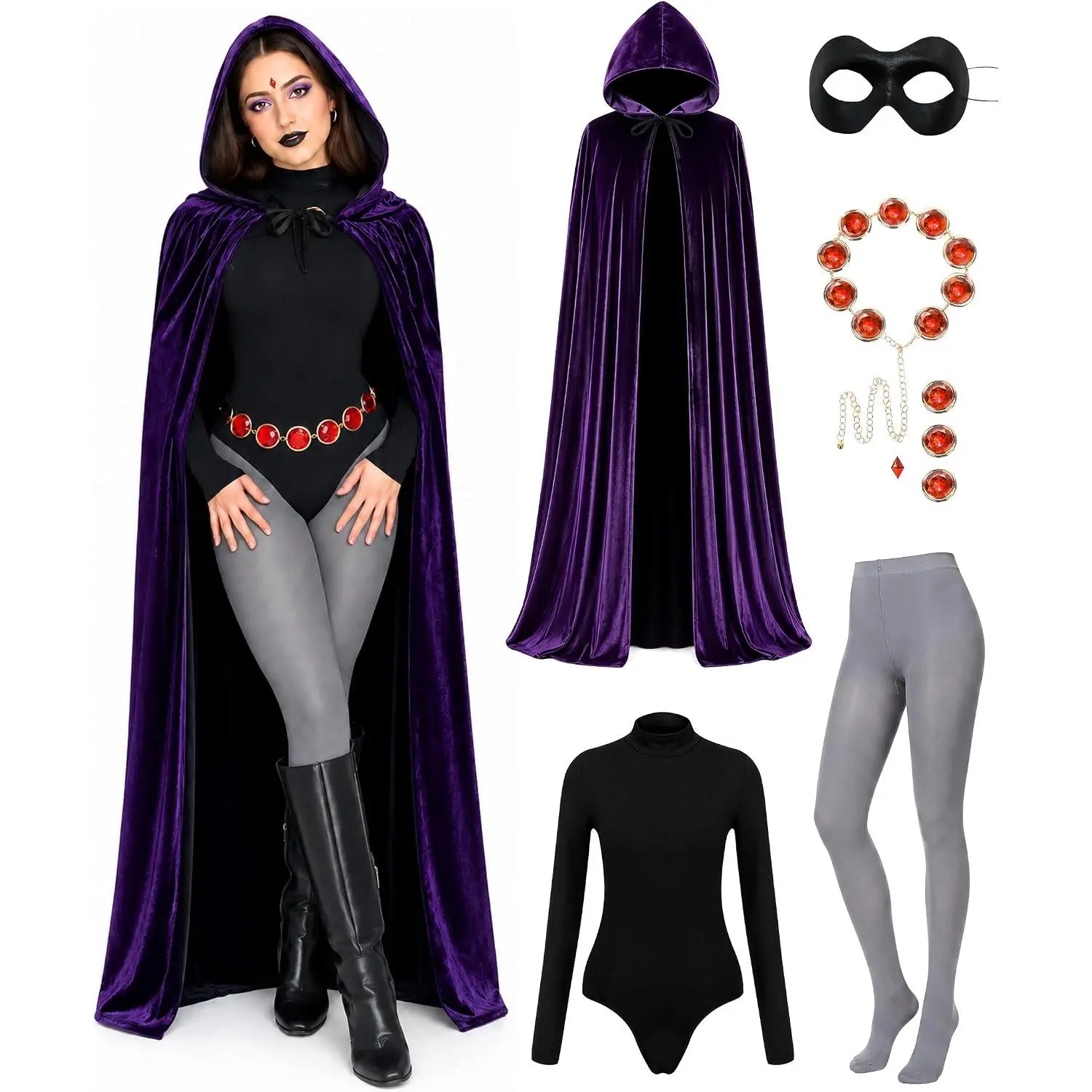 Costume for Women, 6 Pcs Raven Cosplay Costume Set with Purple Hooded Cloak Bodysuit Gray Tights Halloween Party Outfit