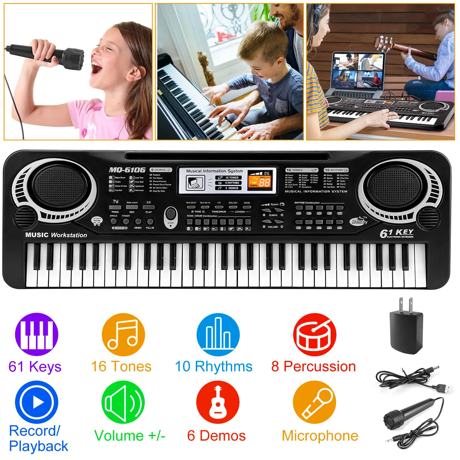 61-Key Portable Digital Piano Keyboard, Unisex ABS Plastic Digital Pianos with Microphone, Multi-Functional Beginner-Friendly Musical Instrument for Kids
