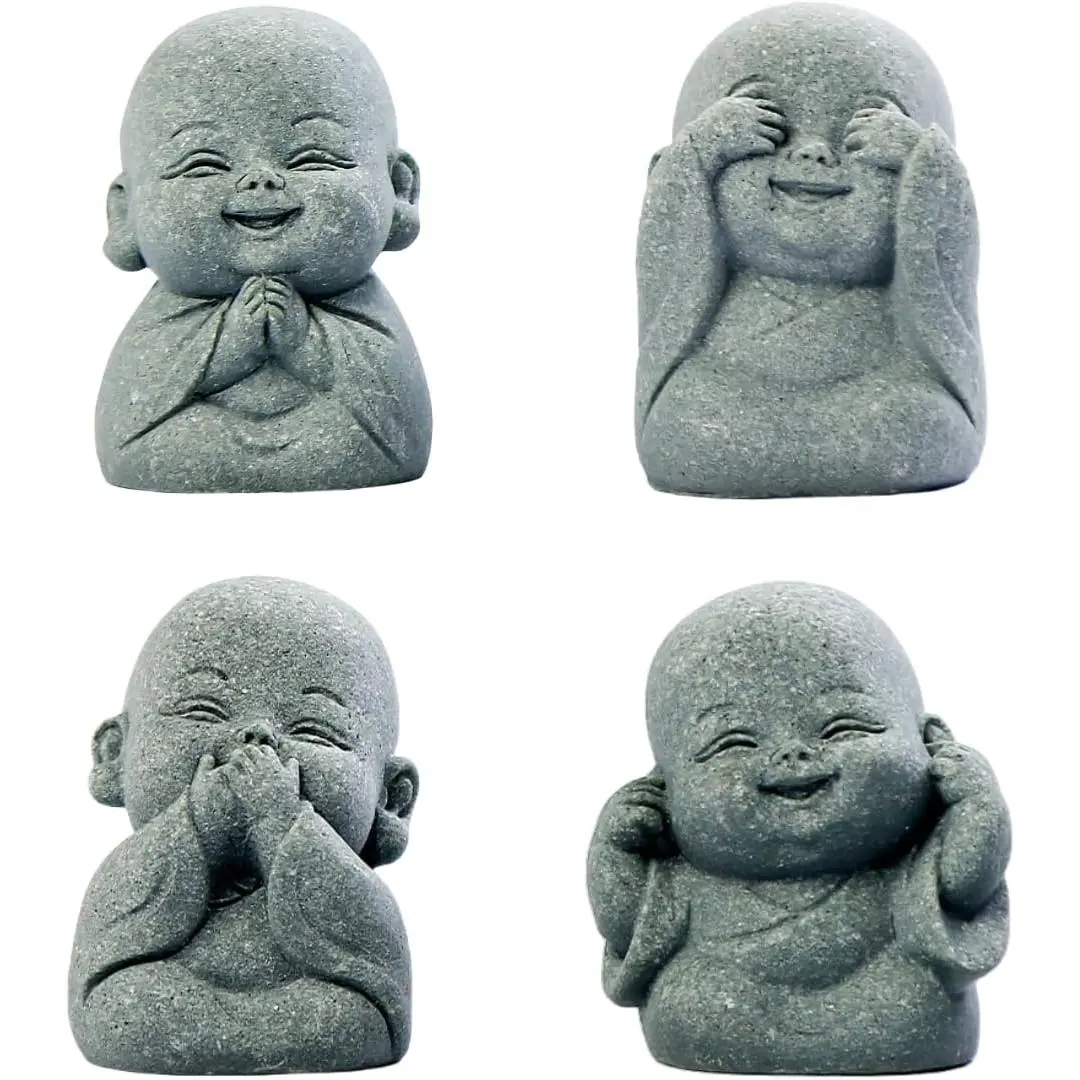 4-in-1 Buddhist Sandstone Laughing Buddha Statue Decor Set - Small Zen Monk Sculpture, Outdoor-Safe Garden Decor, Feng Shui Ornaments for Indoor Meditation Rooms & Fish Aquariums