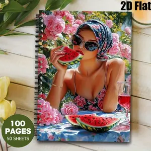 1 Spiral Coil Notebook 5.7x8.26 Inch, Premium Lined Pages Durable Binding, Summer Picnic Journal, Beach Vacation Diary, Watermelon Themed Notebook for Travelers, Perfect Gift for Outdoor Enthusiasts on Memorial Day Fourth of July [2D] Flat