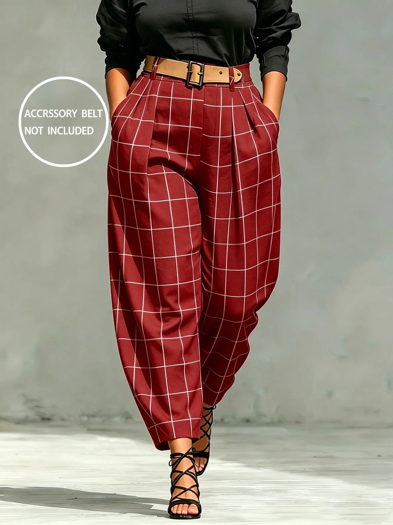 Plus Size Women's Bottoms Pants Summer Fall Casual Loose Straight Leg Long Pants with Pockets, No Belt, Plaid Pattern, Unlined