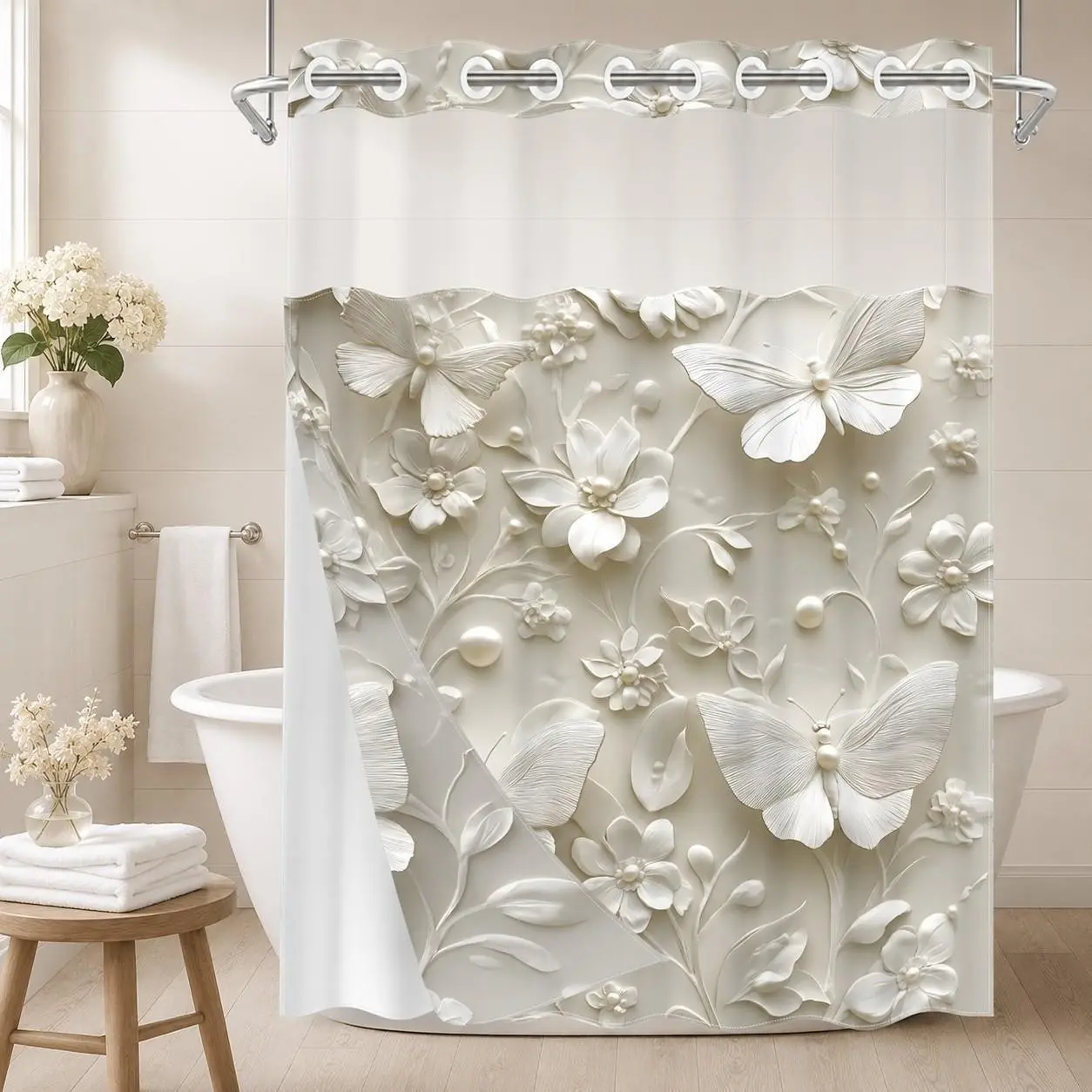 1PC 2D Flat Embossed Butterfly Floral Pattern Double-Layer Woven Shower Curtain (No Hooks), Transparent Top Window, Removable Liner with Snap-On Fastening, Modern & Unique Home Bathroom Partition, Holiday Art Decoration