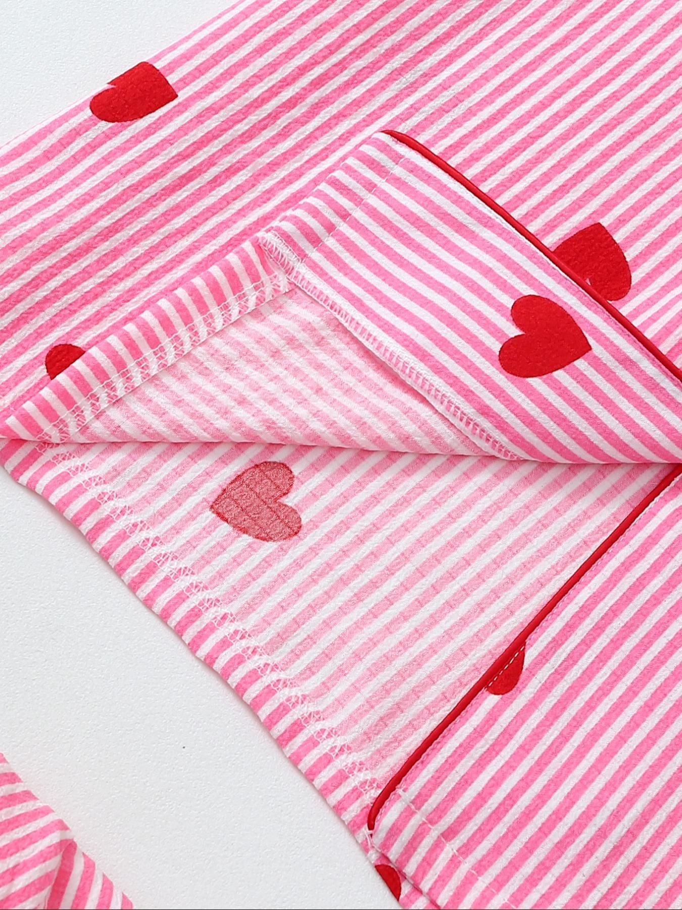 Women's Heart Print Short Sleeve Pajama, Casual Comfy Striped Print Lapel Neck Pocket Shirt & Pants PJ Set, Ladies Sleepwear for All Seasons, Cute Loungewear
