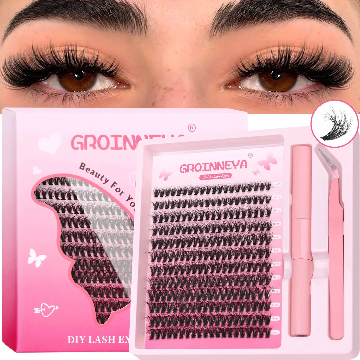 GROINNEYA 12 Rows Thin Spiky Individual Lashes Puffy Airy False Lash Clusters Mix Length Lashes High Capacity Cluster Lashes C Curl 3D Effect Fake Lash Clusters To DIY Lash Extension With Tweezers And Seal,,Perfect for Everyday Wear,Complete Eyelashes Kit