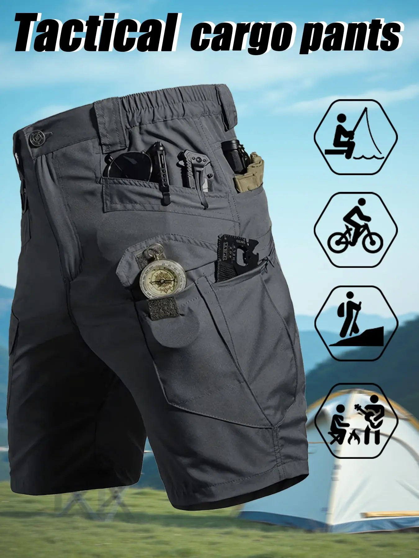 Men's Outdoor Tactical Quick-Dry Work Shorts, Athletic Shorts, Outdoor Sports Shorts: Lightweight, durable, multi-pocket, breathable tactical training shorts with an elastic waistband, comfortable fabric. Ideal for outdoor activities