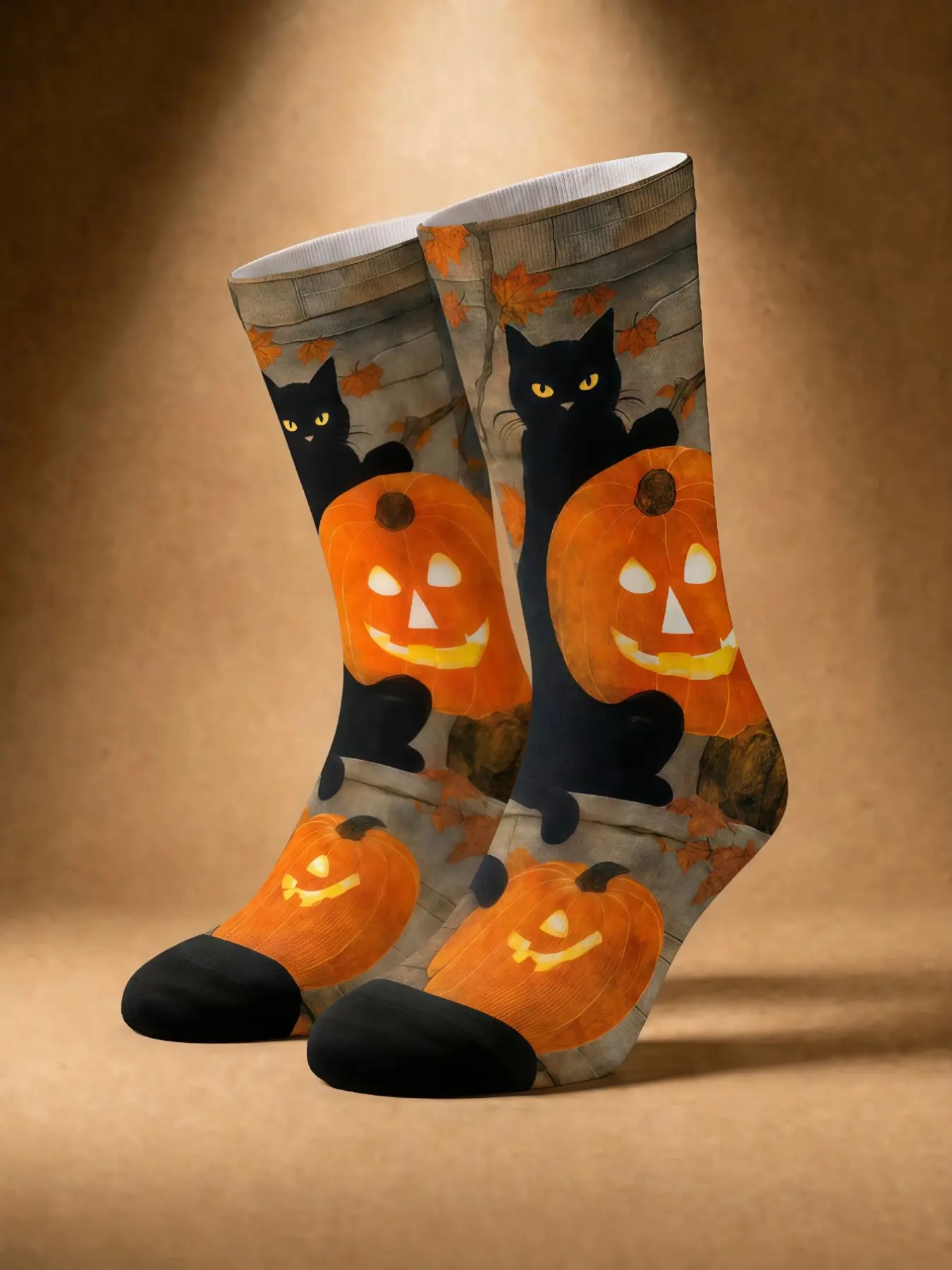 1 Pair of Retro Halloween Black Cat Hugging a Jack-o'-Lantern Mid-Calf Socks—Autumnal, Rustic, Artistic Illustration Style, Earthy Colors for a Soothing Vibe, Unisex, 360° All-Over Print Design, Atmospheric Socks