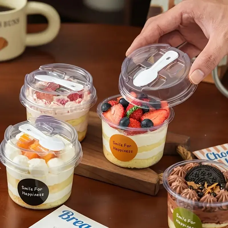 50 Sets Round Transparent Plastic Covered Packaging Boxes with Spoons, Ideal for Desserts, Cookies, Fruit Ice Cream, Mousse Cake, Yogurt Cups