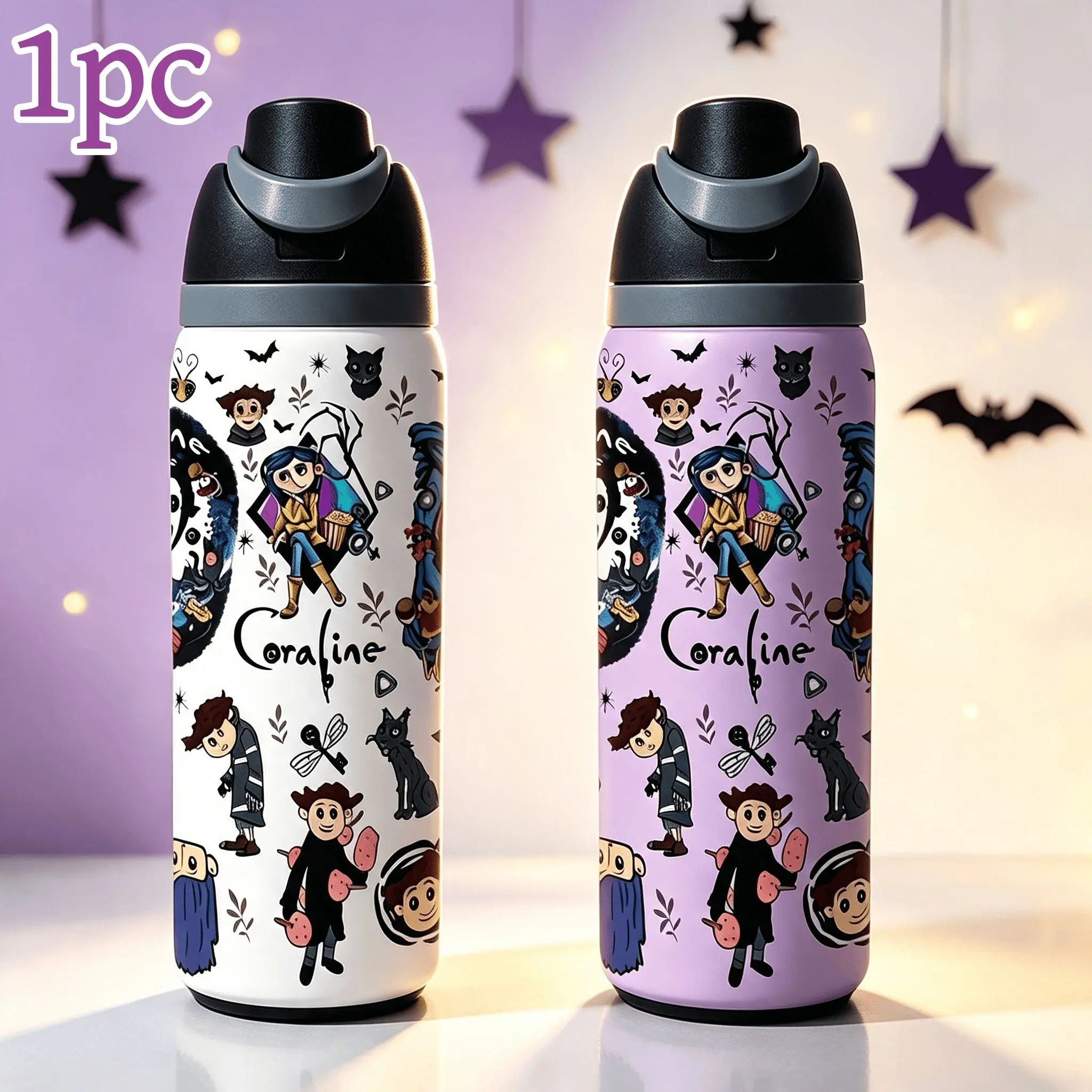 1pc 32oz Coraline Cartoon Insulated Water Bottle, Double‑Wall Stainless Steel Travel Tumbler, Horror Animation Character Print, Flip Spout Lid, Leak‑Proof Reusable Cup, For Daily School Outdoor, Animation Fan Collectible Gift