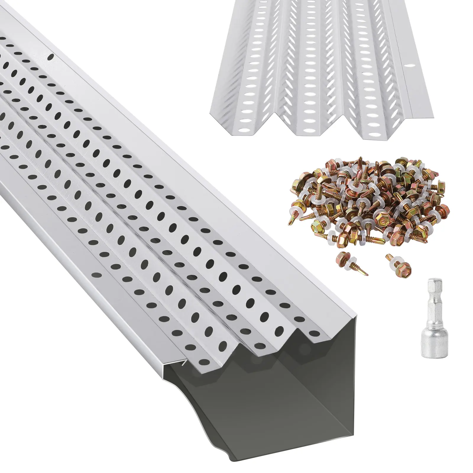Garvee Aluminum Gutter Guard Mesh – Corrosion-Resistant Leaf Protection, 0.275'' Holes, Easy DIY Install, All-purpose Roof/Gutter Fit, Waterproof Drainage, Includes Screws & Tools