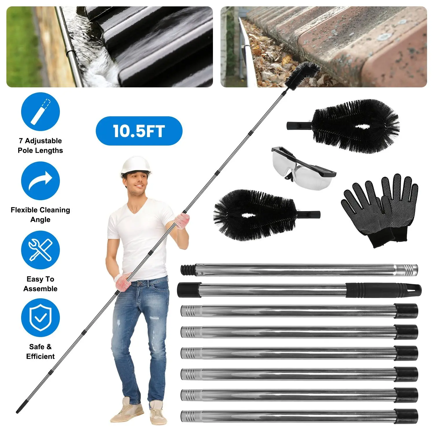 10.5FT Telescoping Handle Gutter Cleaning Brush Kit (Model GPCT5351) - Ground-Use Rain Gutter Cleaner Tool with Dual ABS Brushes, Anti-Slip Gloves, Protective Goggles, Easy Assembly Safety Gear