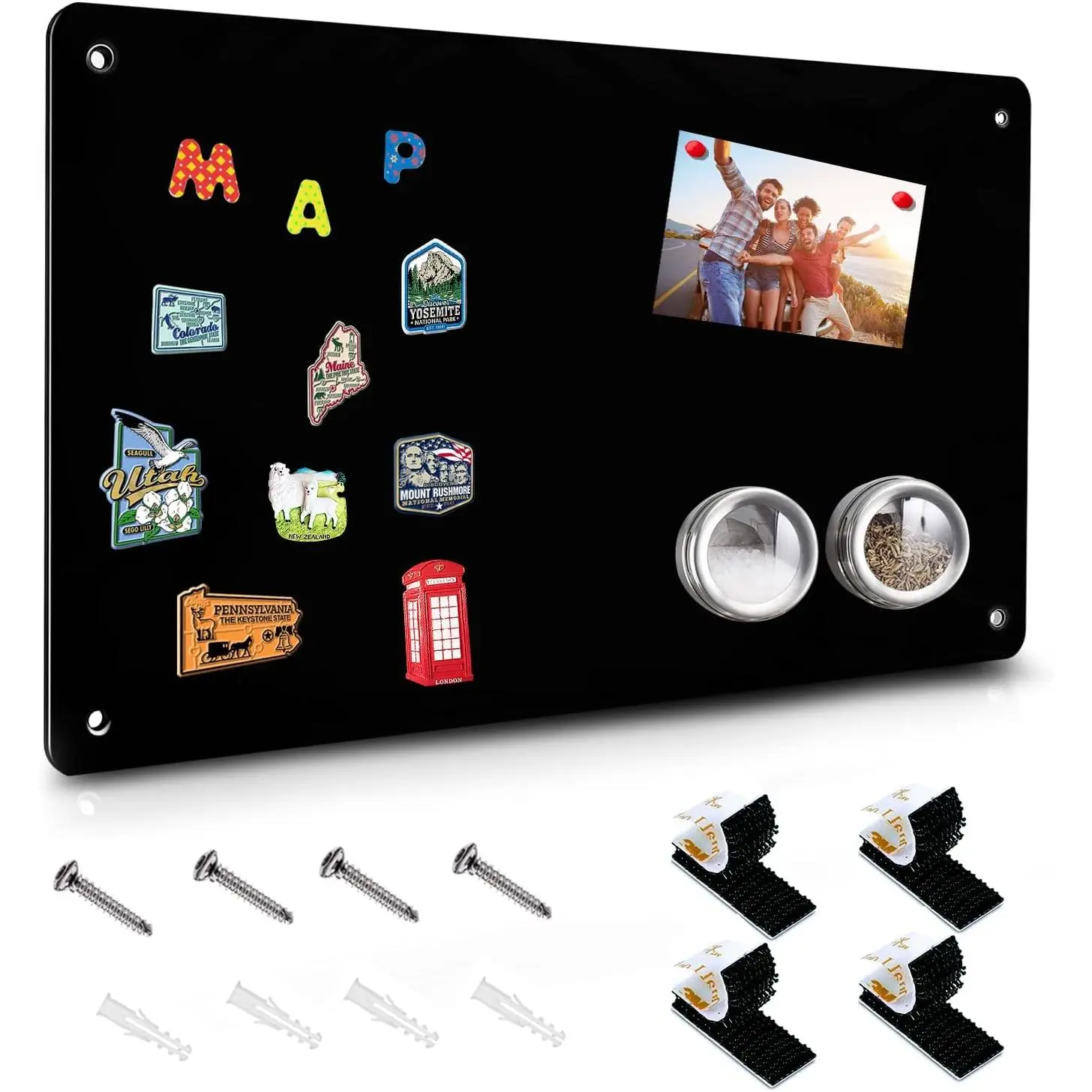 Black Magnetic Bulletin Board - 17.5"x11.4" Bulletin Display for Magnetic Notes, Poetry, Photos, Wall Mount, Refrigerator Use, Office Home Decor, Includes 4 Dual Lock Tapes & Screws