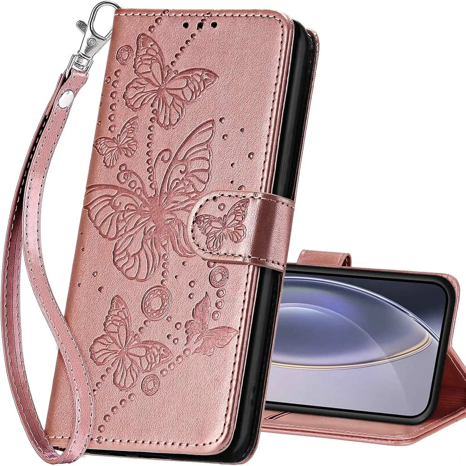 Women's PU Leather Flip Folio Wallet Case with Stand Feature for iPhone 16 Pro Max, 6.9 in iOS Phone Accessory [Rose Gold-Butterflies]