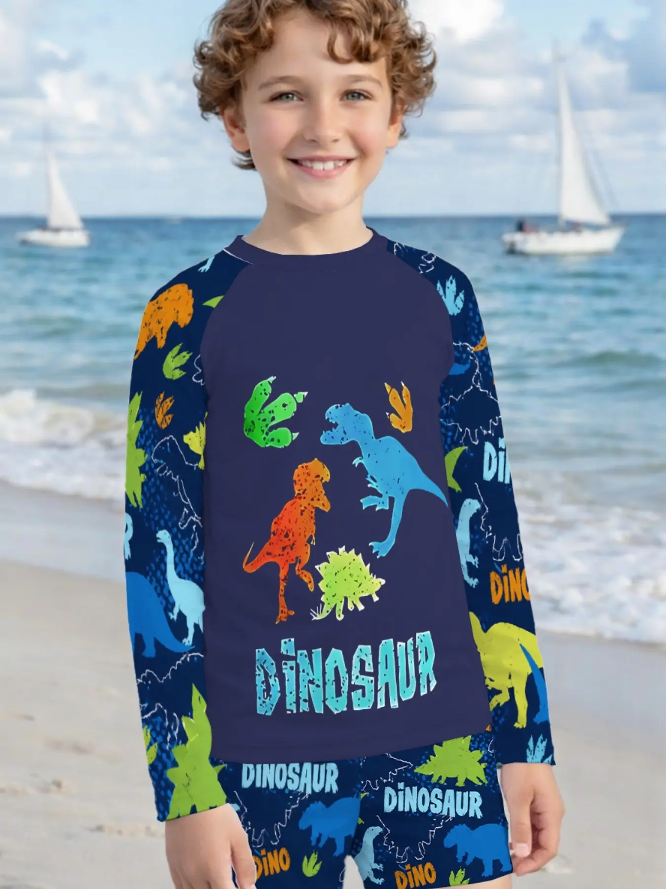 Boys' Dinosaur Print Long Sleeve Swimwear Set, Dinosaur Printed Swimsuit, Quick-Dry Beach Surfing, Kids' Poolside Water Park Clothing, Two-Piece Swimsuit