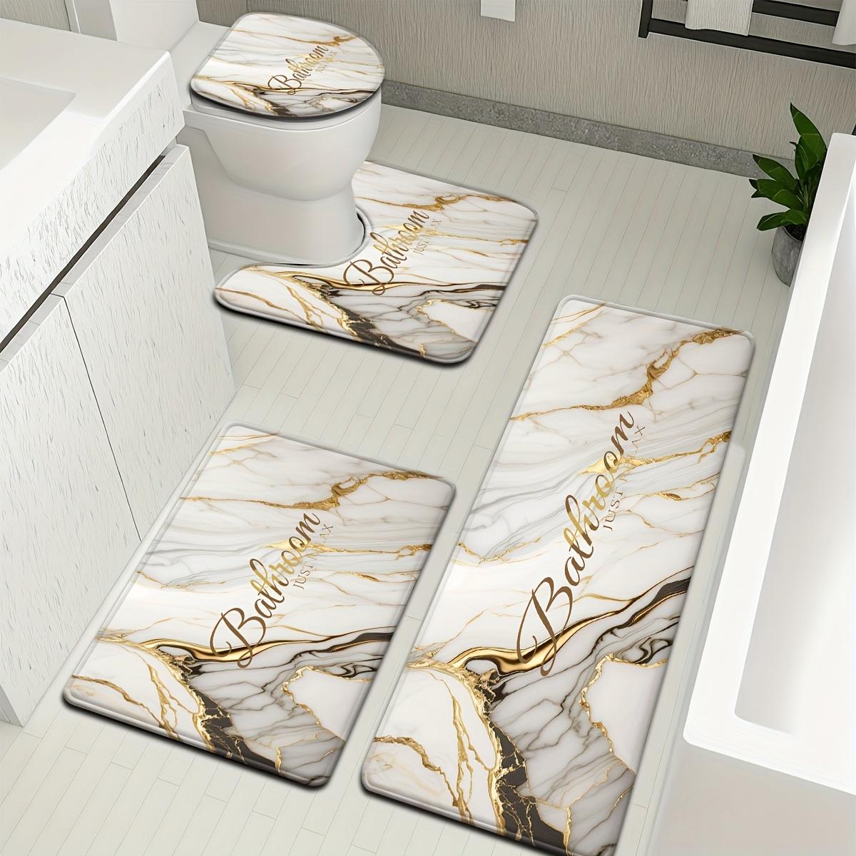 4-Piece Marble Pattern Bathroom Rug Set, Abstract Swirl Ink Fluid Art Bath Mat with "Just Relax" Print, Non-Slip Absorbent Bathroom Accessories with Toilet Lid Cover & U-Shaped Mat for Modern Bathroom Decor