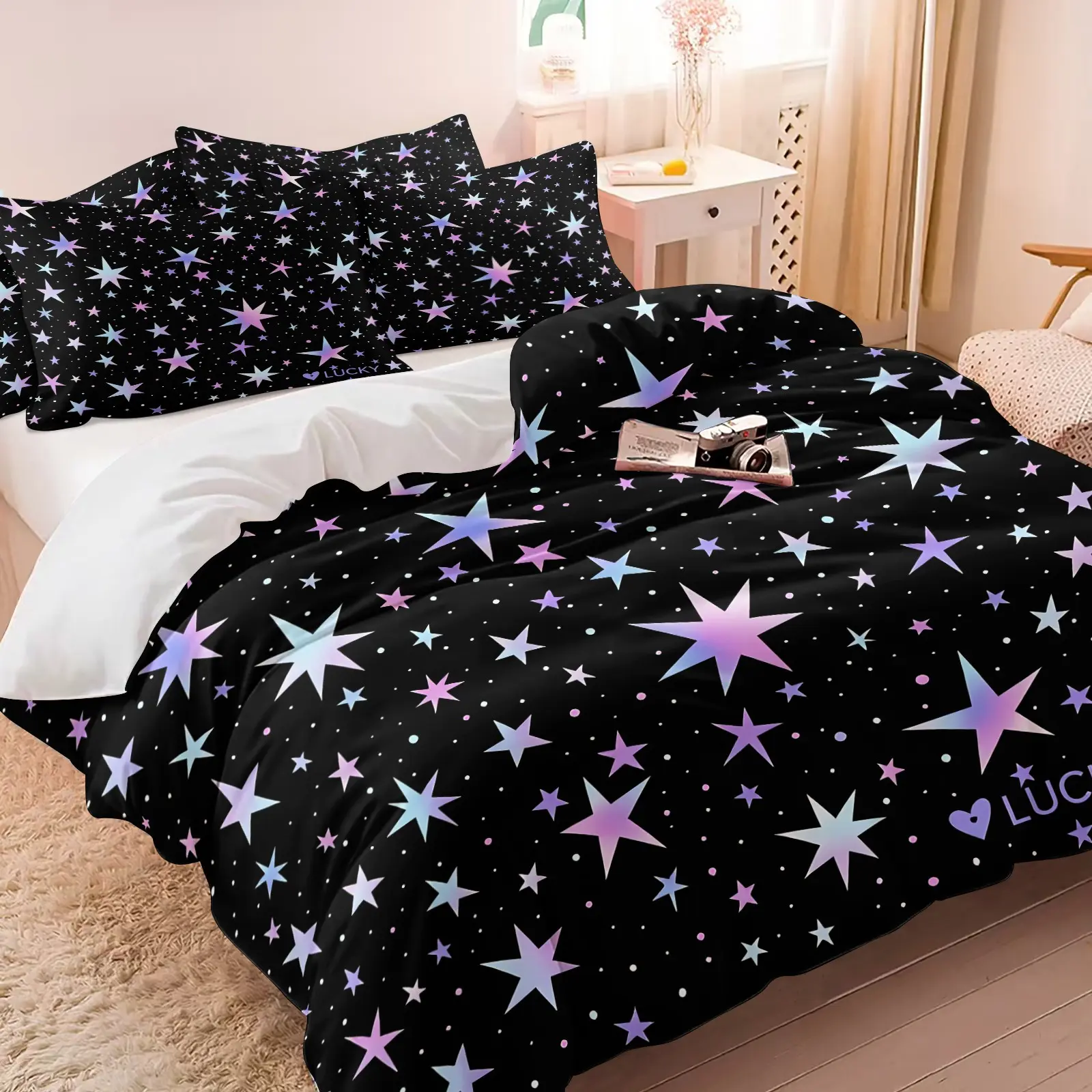 2/3Pcs Holographic Gradient Star Duvet Cover Set Soft Microfiber Black Galaxy Lucky Pattern Bedding Set No Comforter Cute Aesthetic Bed Cover For Teen Bedroom Decor All Season Use