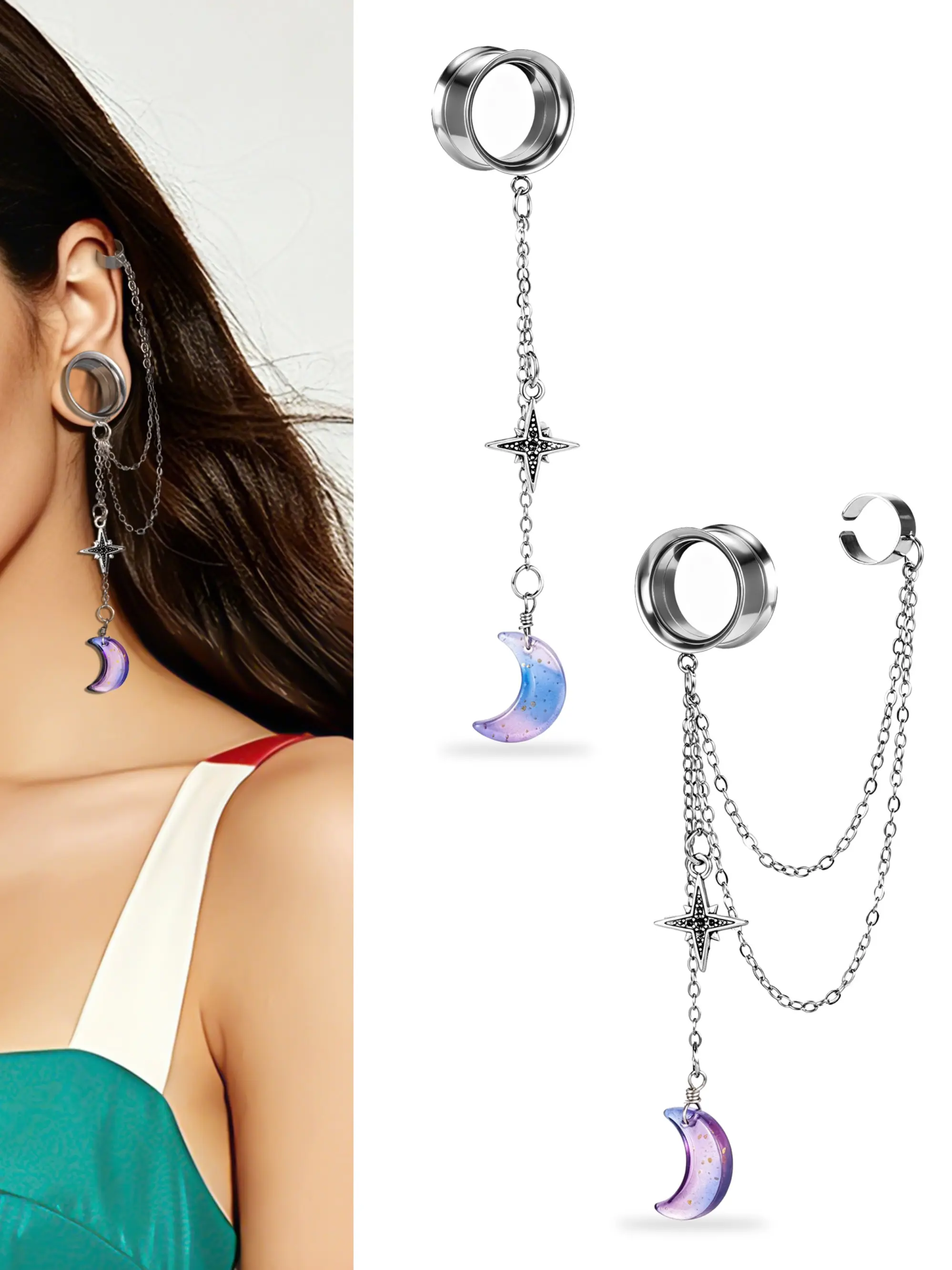 vanku 2pcs Hypoallergenic Stainless Steel Ear Tunnels, Gradient Moon & Star Dangle, Double Flared Ear Gauges, Punk Gothic Jewelry, Earrings Set