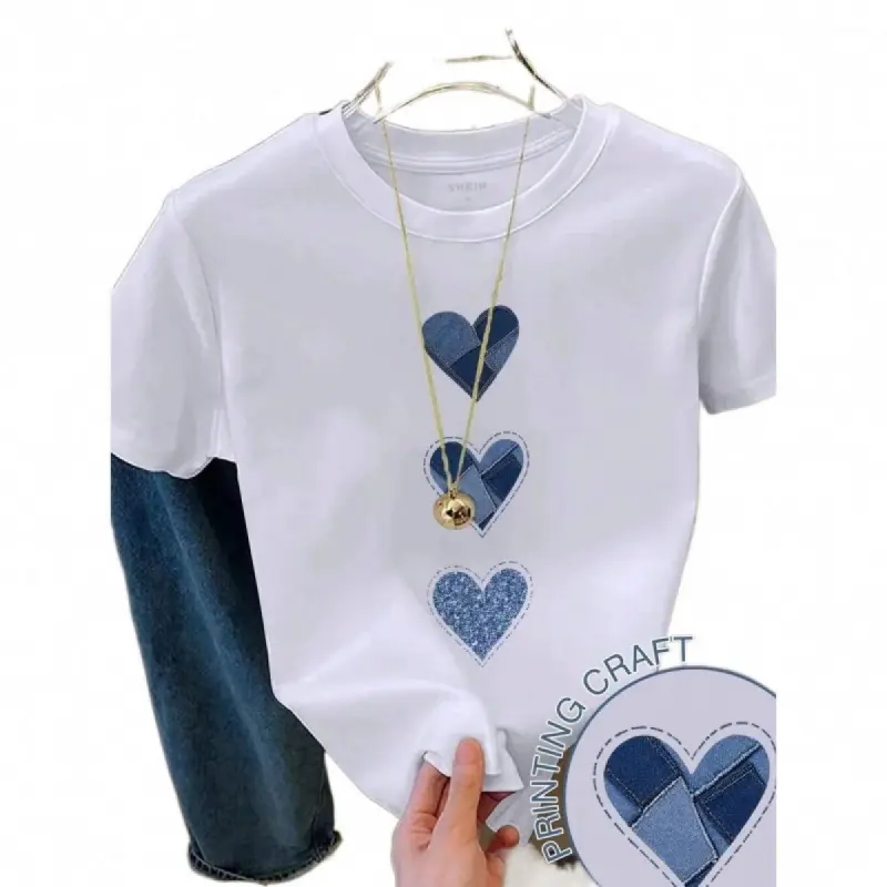 Women's Heart Print Denim Cotton Sports Top - Cute Hearts, Stylish Women's Wear, Casual Street Sporty Chic, Stretchy Short-Sleeve Round Neck, True-Size Fit, Machine Washable, Summer Coffee Date Outfit