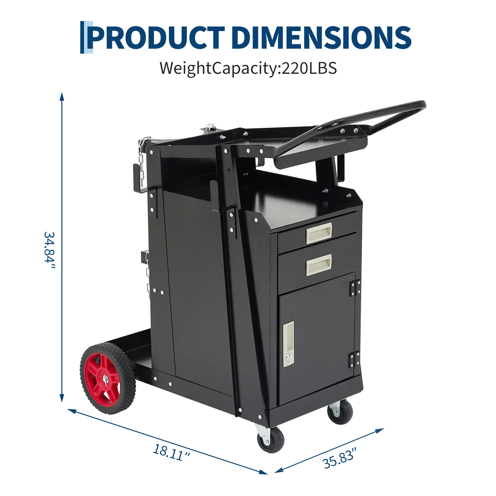 Heavy Duty 3-Tier Welding Cart - Premium Rolling Trolley for MIG/TIG Welders & Plasma Cutters with Drawers, Cabinet, Swivel Wheels, Gas Cylinder Slots, Safety Chains & Dual Access Door, Black