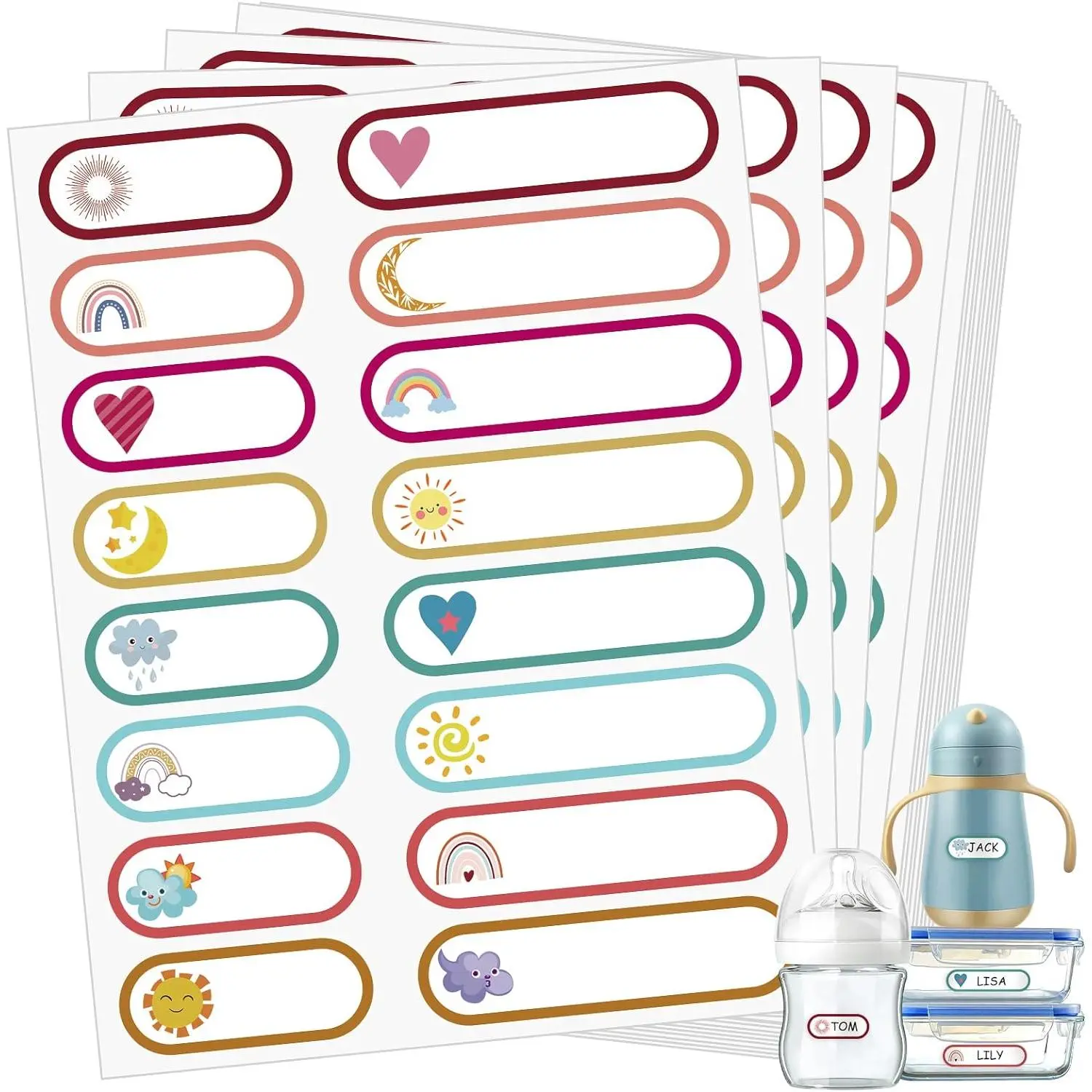 480-Count Self-Laminating Write-On Bottle Labels, Office Stationery Sheet Packs for Essentials & School Name Tag Stickers with Weather Themes