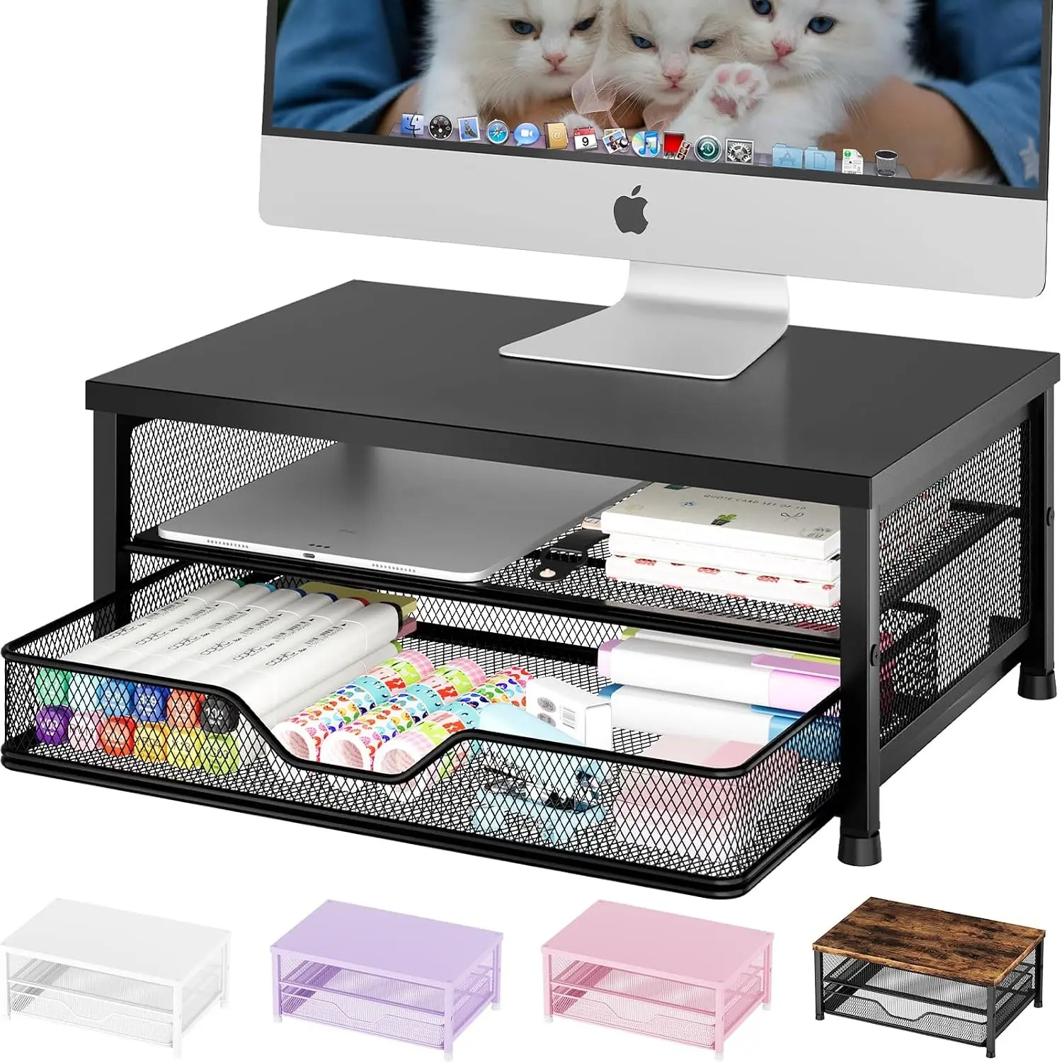 Computer Monitor Stand Riser, Desk Organizer with Drawer, Printer & Laptop Stand, Office Desk Accessories & Workspace Desktop Organizers Storage for Office Supplies(Black)