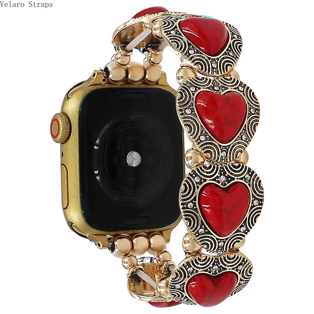 Vintage Love Red Turquoise Anti-Tarnish Carved Hearts Elastic Rhinestone Alloy Round Beaded Bag Strap - Formal Universal Size Retro Accessory, Tool-Free Installation, Compatible with Luggage, All Smartwatches, One Size, Elastic Bead Chain