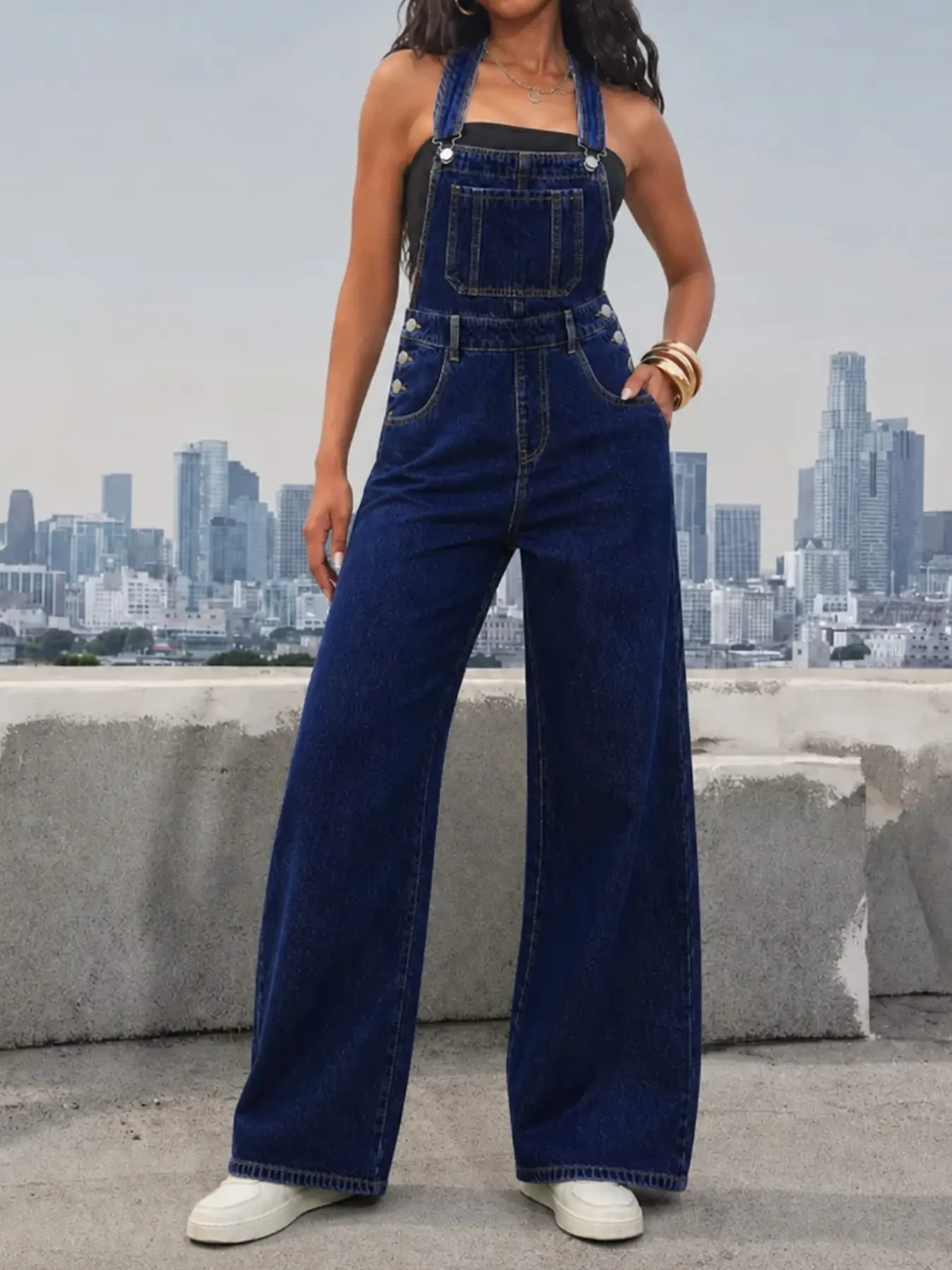 Women's Adjustable Strap Denim Workwear Jumpsuit, Loose Fit Fashion Casual Overall, Spring & Fall Style, Comfortable and Stylish