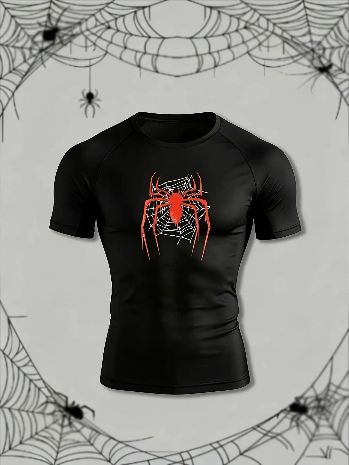 Men's Spider Print Sporty Tight Fit Quick-Dry T-Shirt, Short Sleeve, Seamless, Breathable, Durable, Comfortable Workout Clothes