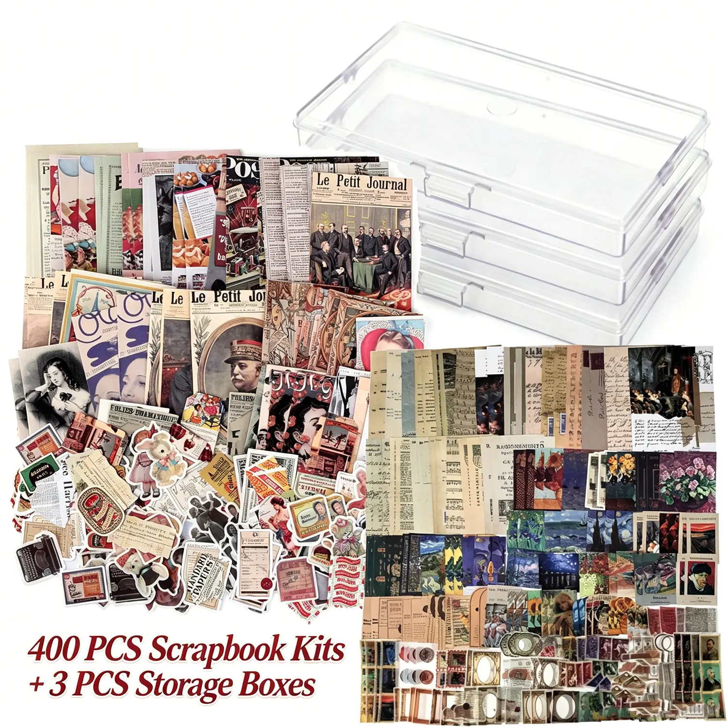400Pcs Vintage Scrapbook Stickers Kit with 3 Clear Plastic Storage Boxes, Retro Journaling Ephemera Paper Supplies, Floral Decorative Stickers for Junk Journal, Planner, Album, DIY Craft Scrapbooking