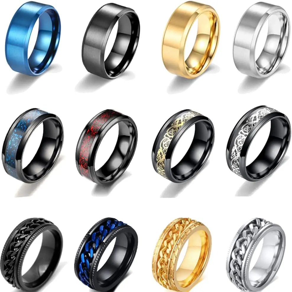 12PCS Chain Spinner Rings – Dragon Pattern Stainless Steel Fidget Rings, Polished Anxiety Relief Cool Rings for Men Women, Size 7‑11