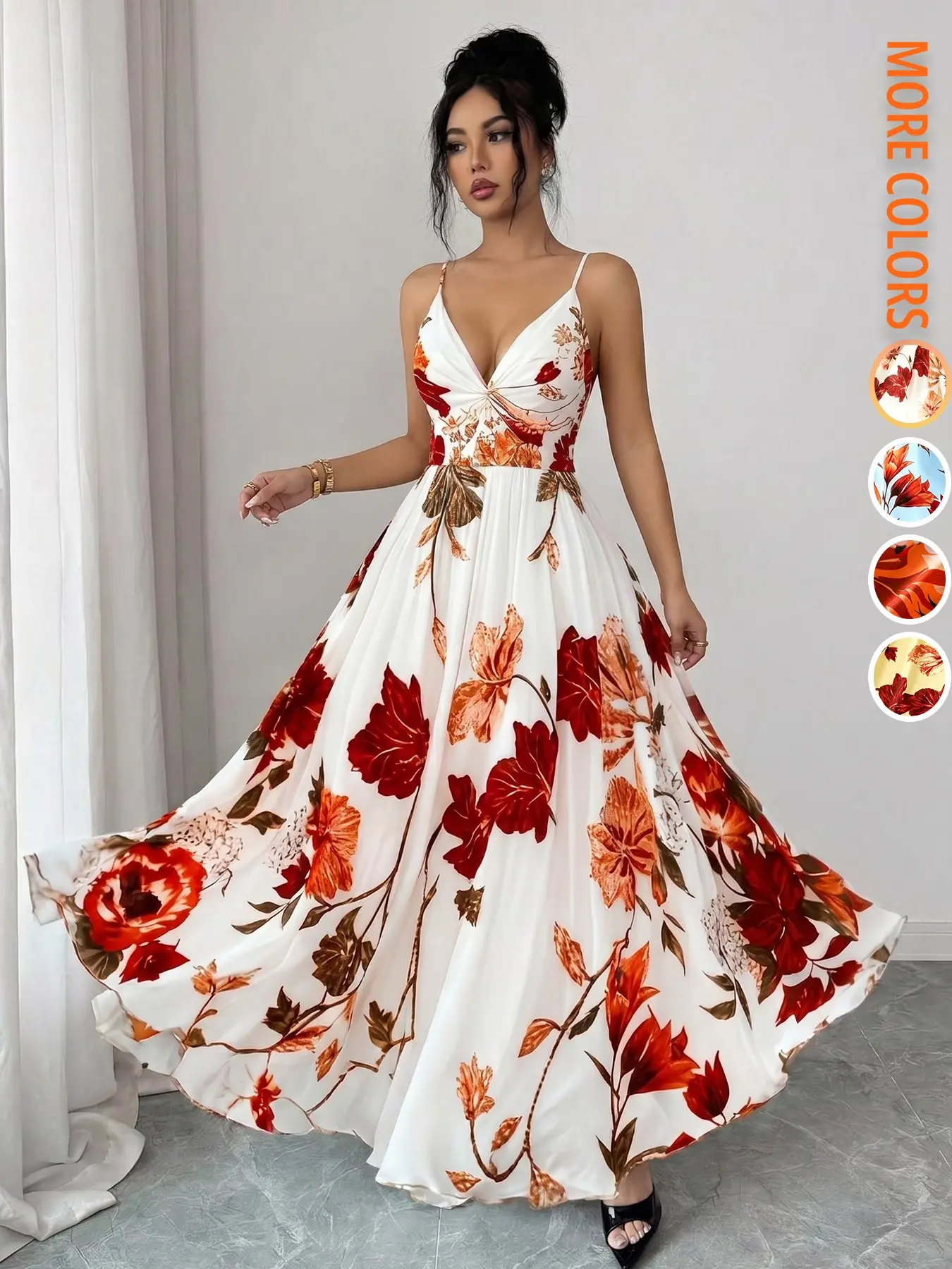 Women's Summer Floral Print Spaghetti Strap Maxi Dress, Cinched Waist Backless Sexy Elegant Boho Bohemian Style Sundress for Beach Vacation Concert Casual Outfit