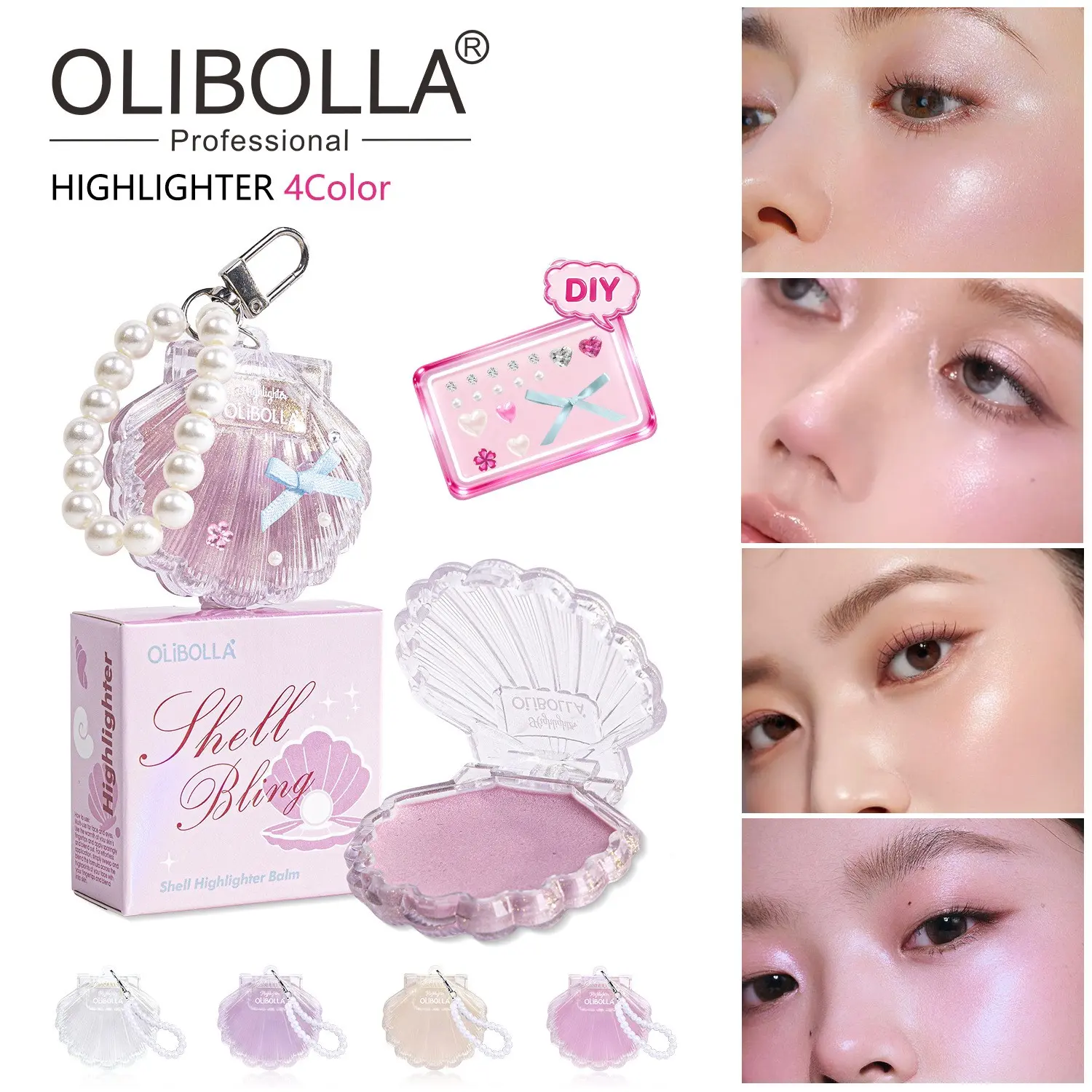 Cute Shell Shimmer Highlighter Balm with DIY Decor Charms, Portable Pearl Keychain Cream Highlight, 4 Colors Glowy Illuminator for Face Cheek Nose Eye, Long Lasting Shiny Mermaid Glow Highlighter Makeup, Kawaii Customizable Seashell Highlight Stick, Water