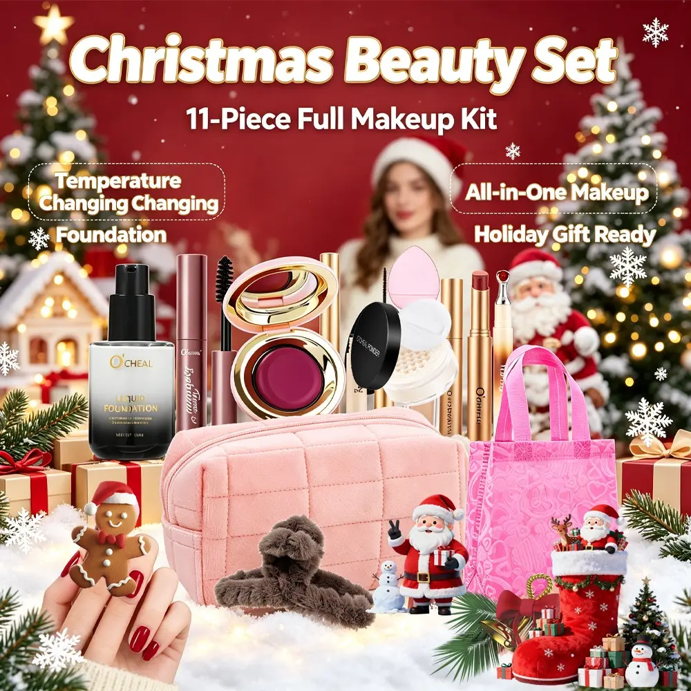 11-Piece Christmas Full Makeup Set, Temperature-Responsive Tech Foundation, Complete Face Kit, Perfect for Holiday Makeup, Ideal Gift