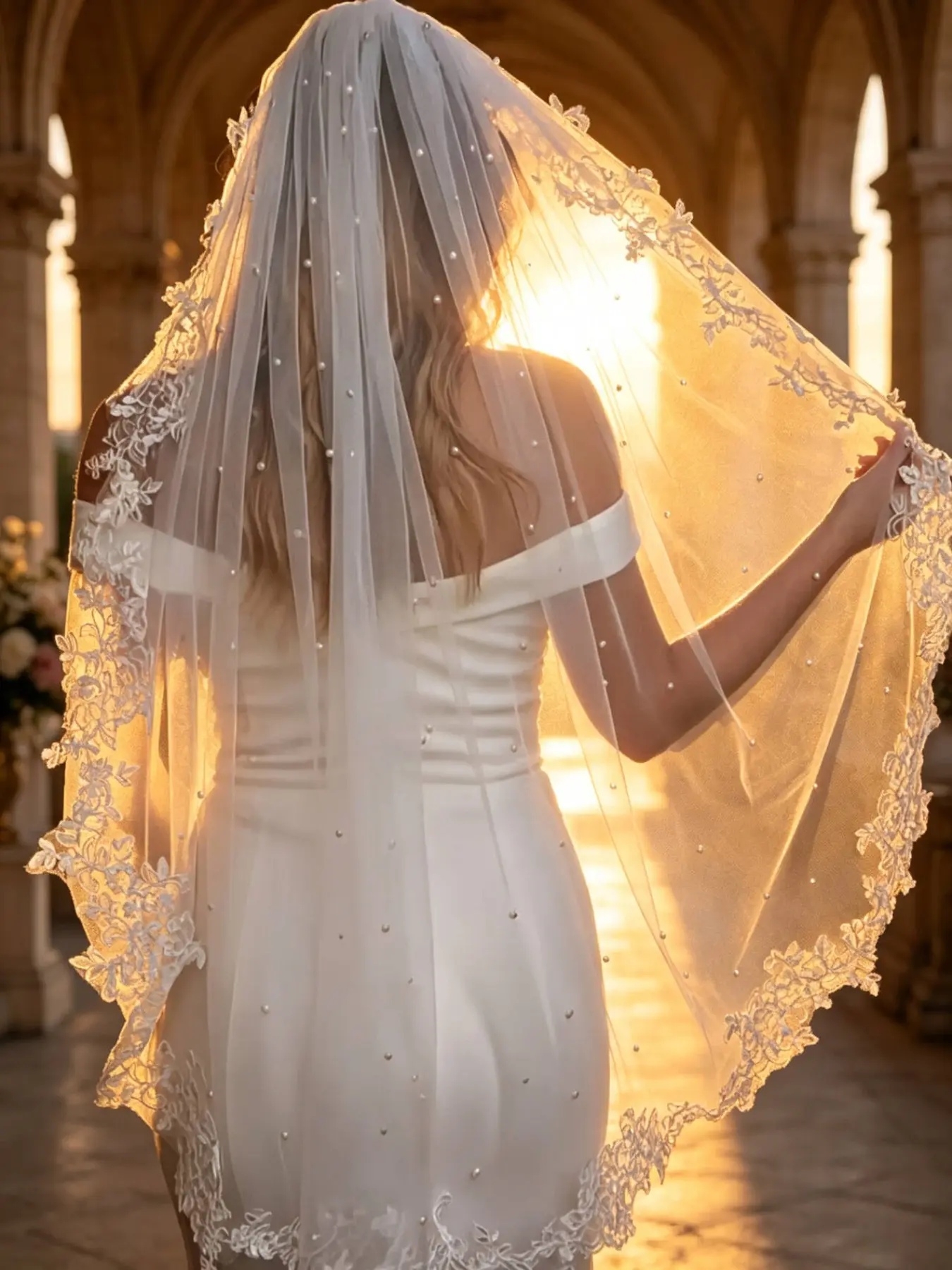 Luxurious 1m mid-length bridal veil with pearl and lace trim，Elegant bridal veil made of high-quality tulle，Adorned with floral lace edging，Suitable for wedding ceremonies and bridal photography，Wedding veils for brides