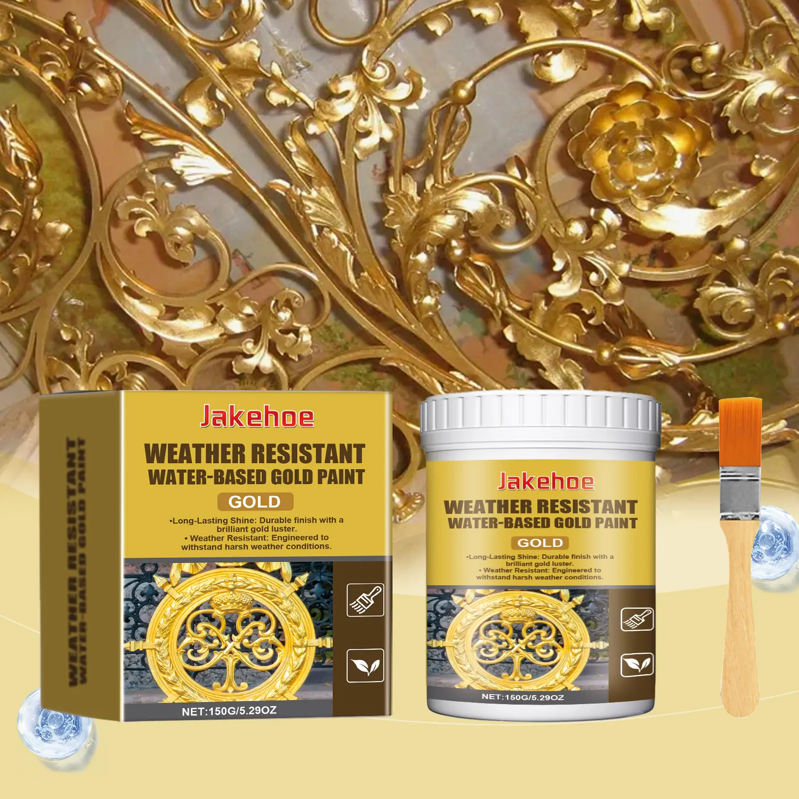Jakehoe 150g Weather Resistant Water-Based Gold Paint with Brush, High-Gloss Metallic Gold Leaf Acrylic Paint for Metal, Wood, Crafts, and Exterior Iron Gate DIY Restoration
