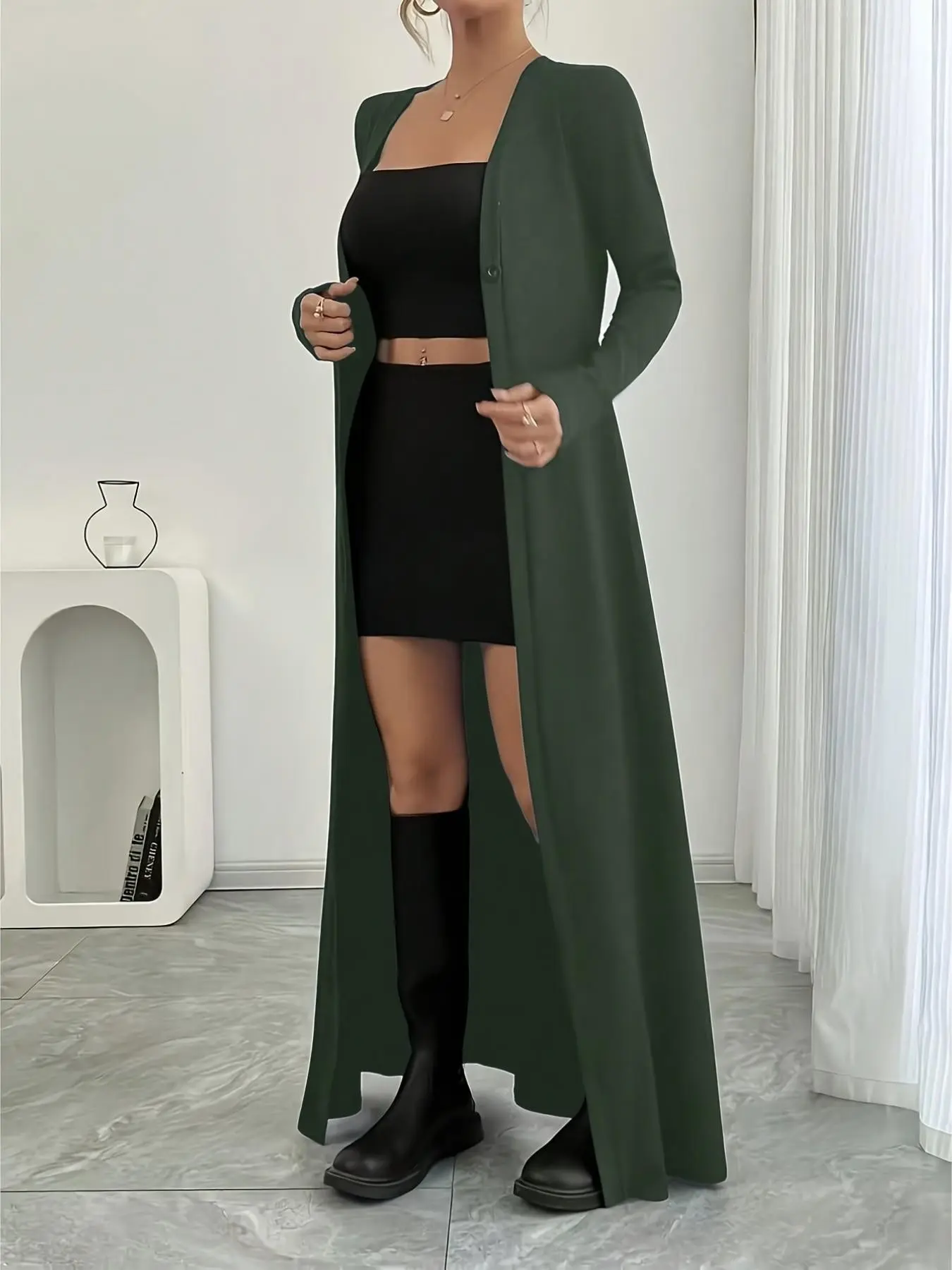 Women's Solid Color Long Sleeve Cardigan Knitwear, Fall New Slim Fit Skinny Long Knit Sweater Coat, Casual Office Wear Outerwear