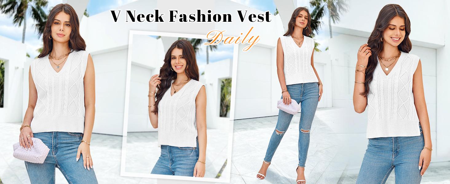 Sweater Vest for Women V Neck Sleeveless Knit Solid Casual Ribbed Preppy Pullover Tops