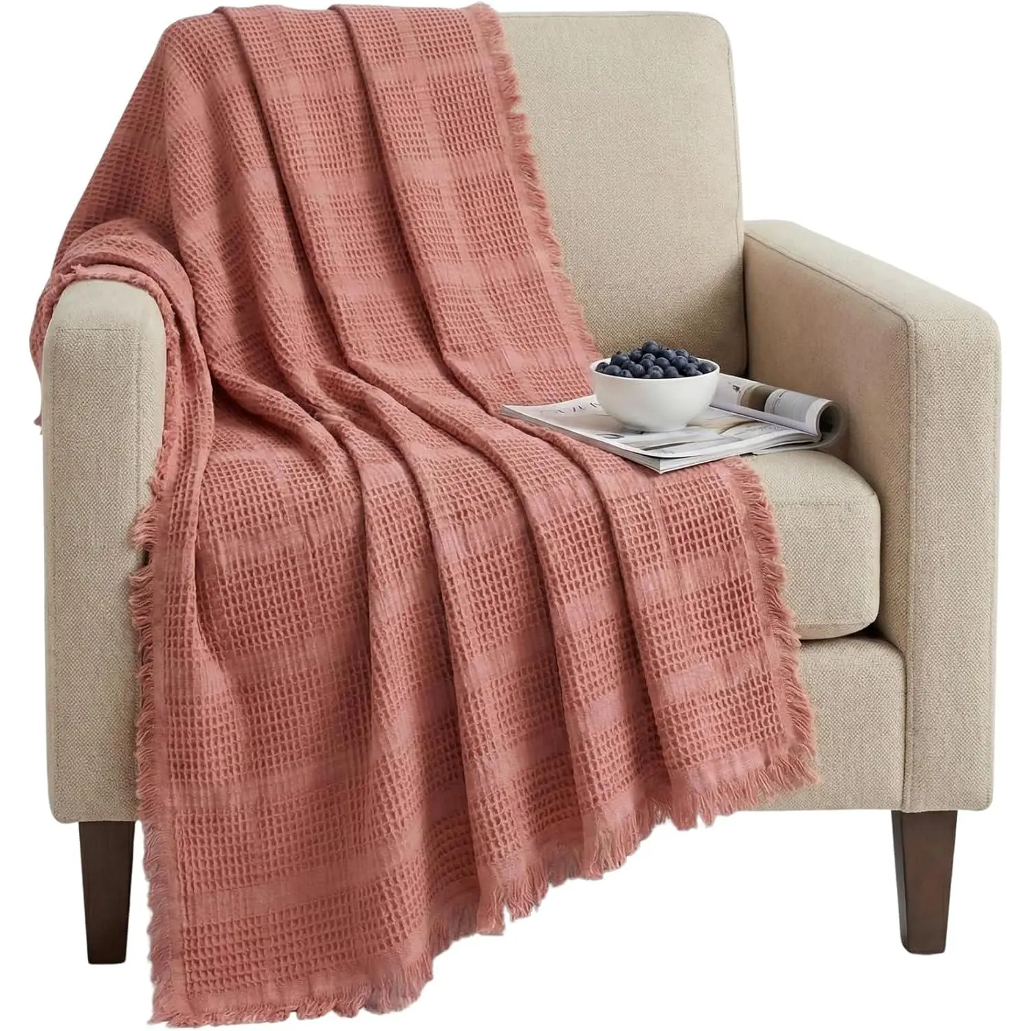 Mira Waffle Throw Blanket with Tassels - 50x66 Inch -  Turkish  Tencel Breathable Blend Lightweight Blanket for Couch, Sofa, Bed