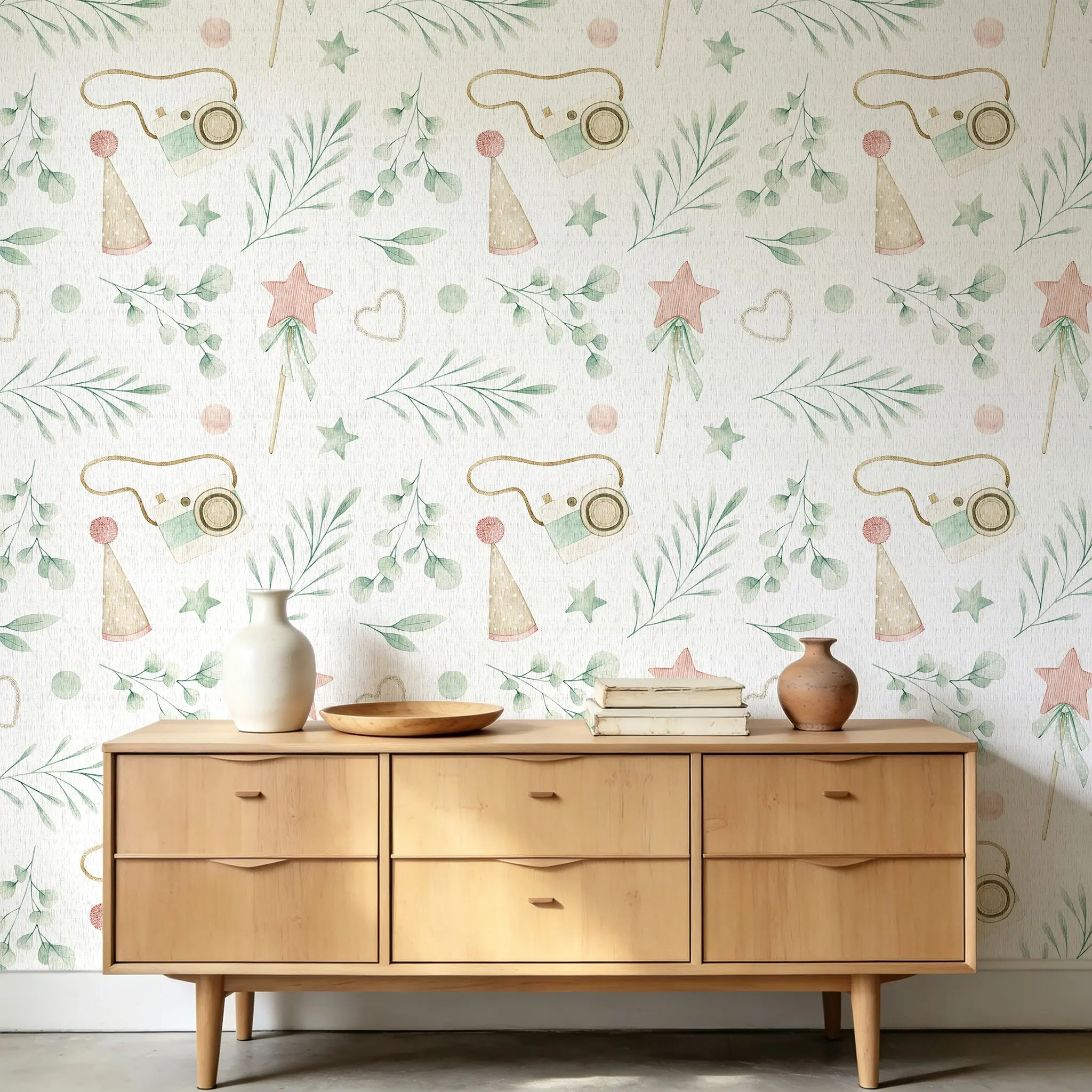 Watercolor Camera Party Hat Peel and Stick Wallpaper, Nursery Wallpaper, Waterproof Linen Textured Self-Adhesive Contact Paper, Seamless Splicing Removable Decor for Kids Bedroom & Furniture Makeover 44.5cm/17.5in Wide