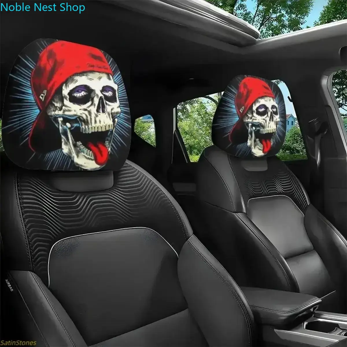 2 Pack Car Headrest Covers with Gothic Skull Print, Soft Fabric Car Decorations Interior, Universal Fit for Road Trips, Gothic Car Accessories